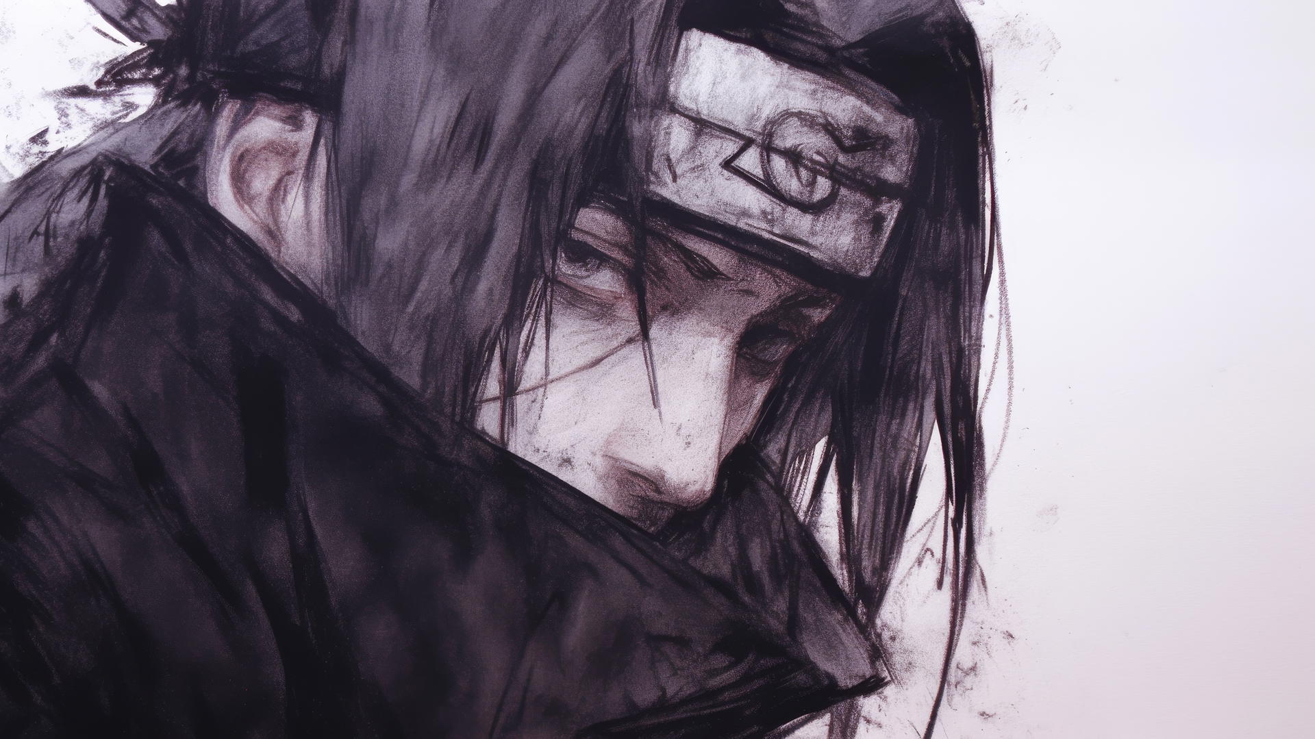 charcoal Itachi Uchiha drawing with soft shading and a dark, moody atmosphere