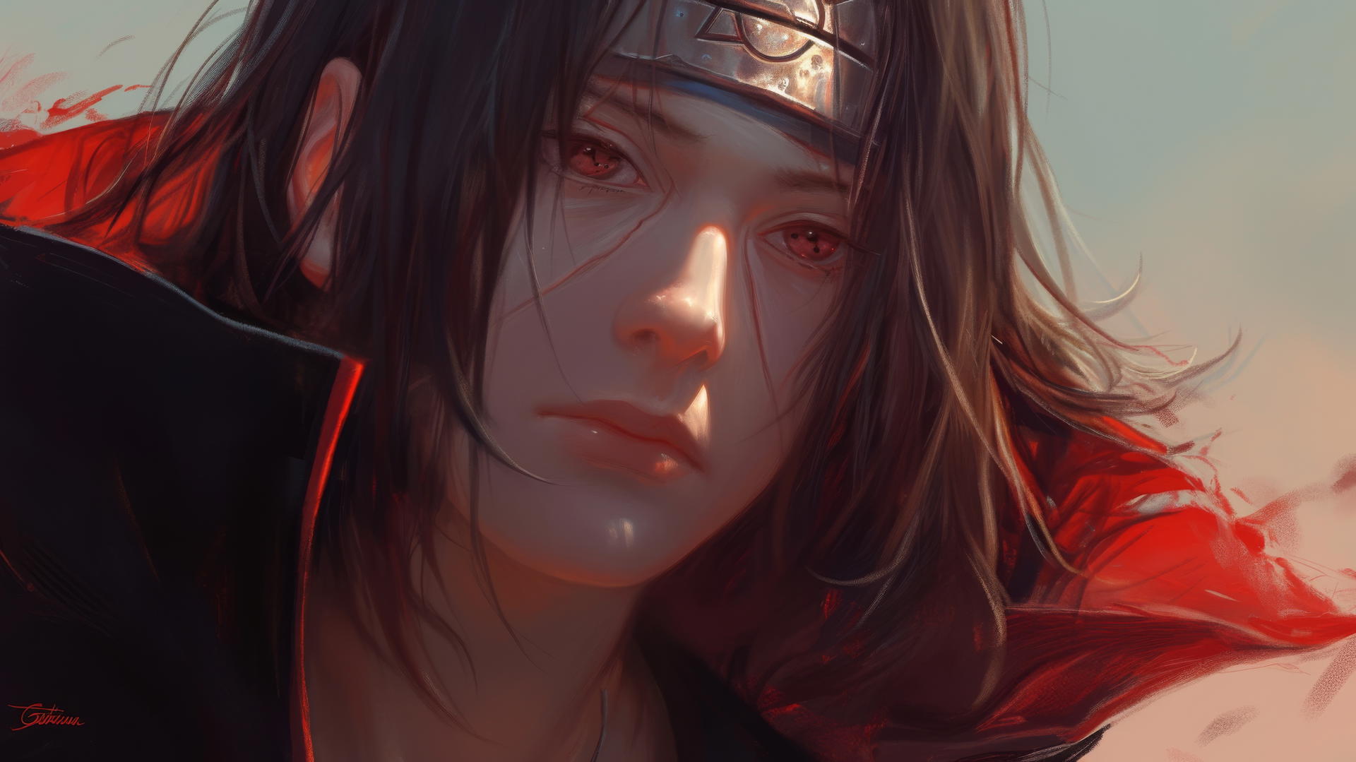 hyper-realistic Itachi Uchiha drawing, detailed face and cloak, calm expression