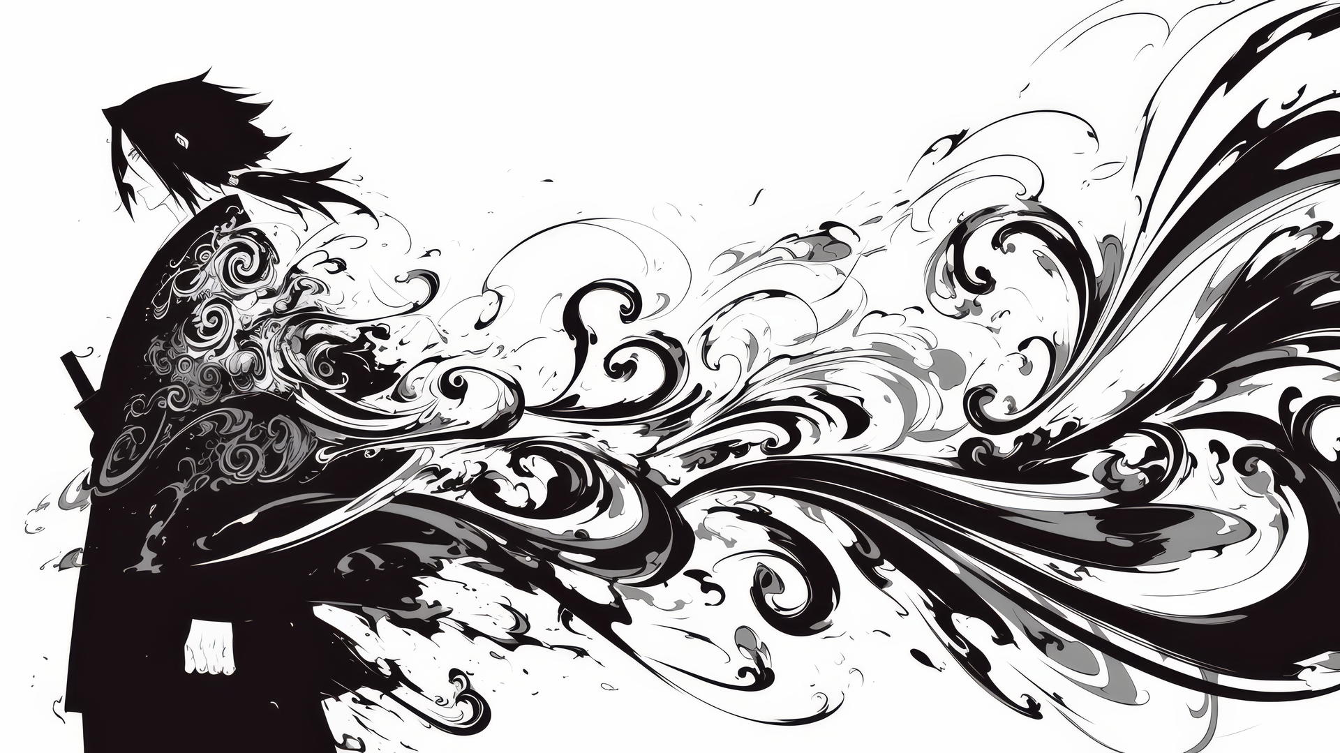 itachi uchiha drawing with intricate, swirling black lines in abstract style