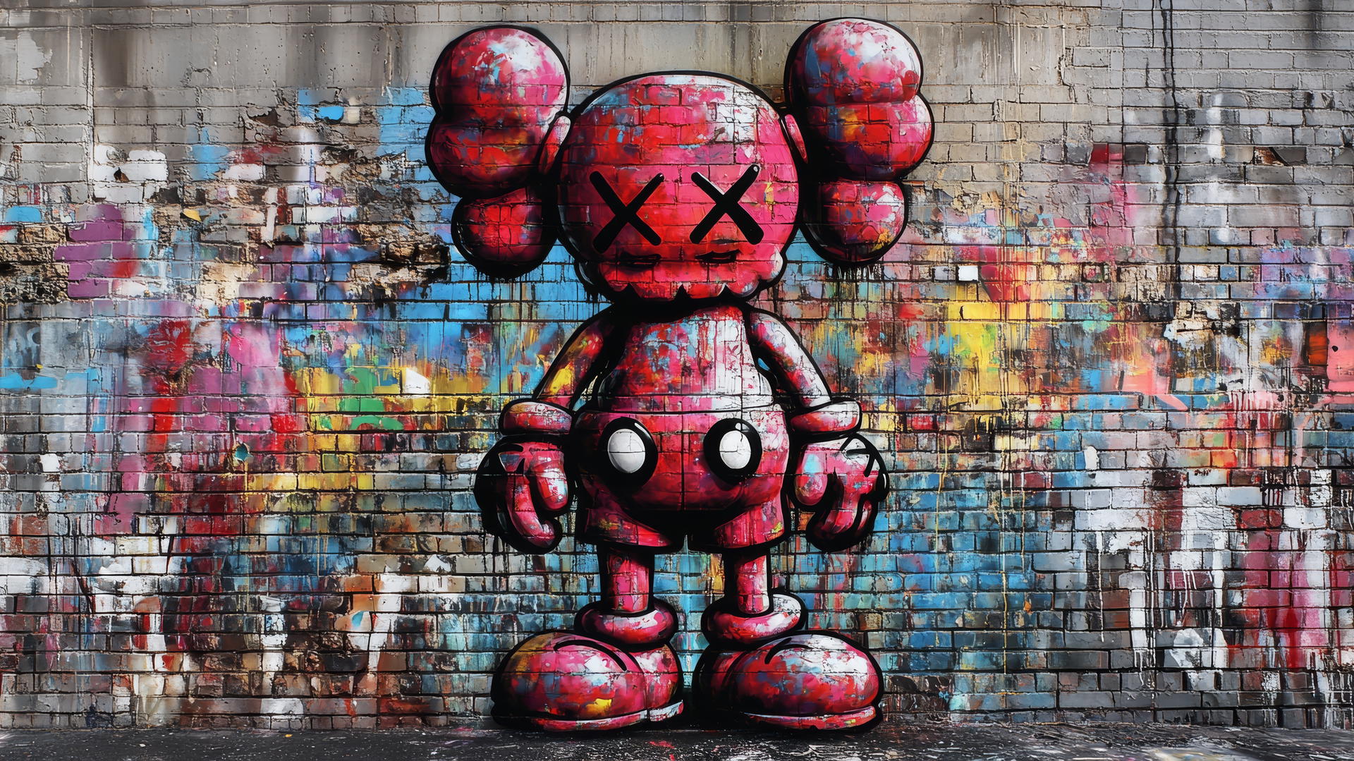 Kaws artwork on a grungy brick wall with graffiti and urban textures