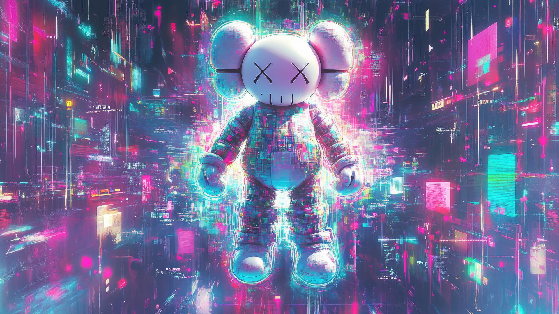 Kaws artwork with Companion character in a holographic interface
