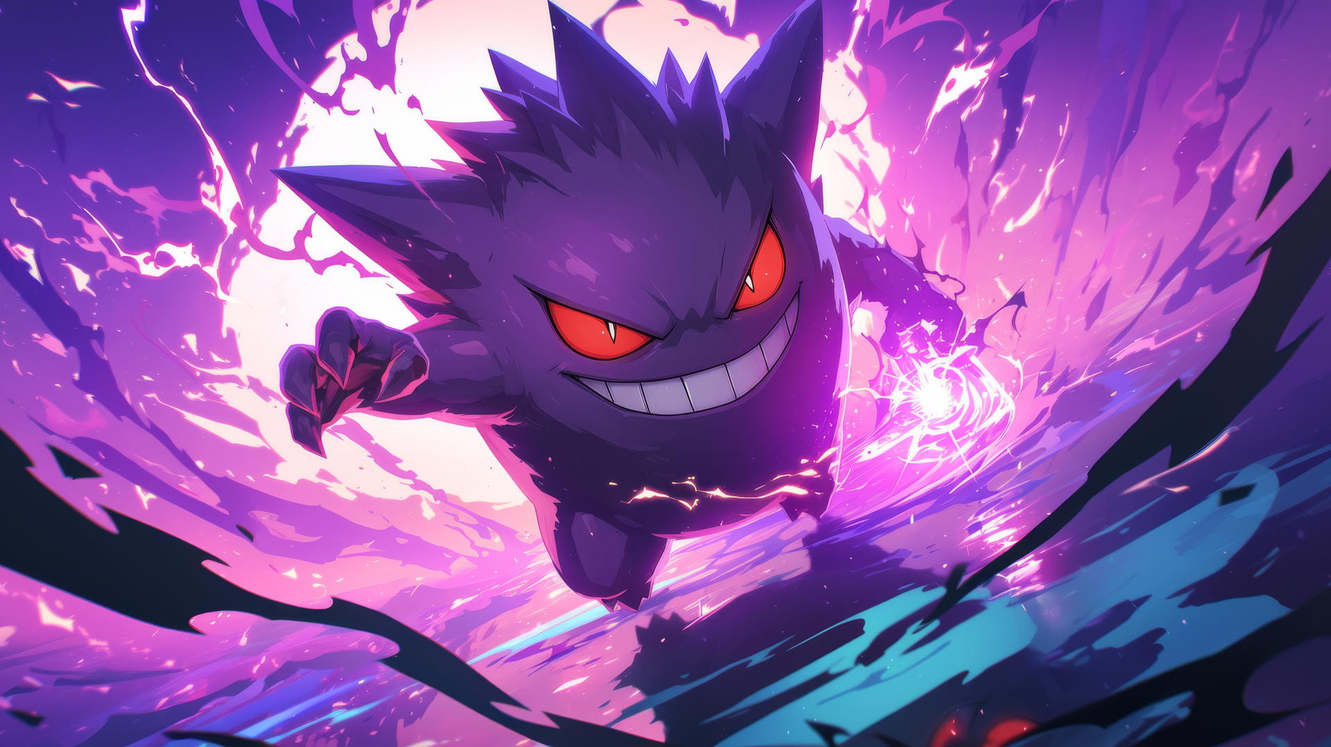 Gengar Pokemon emerging from a swirling portal of dark energy