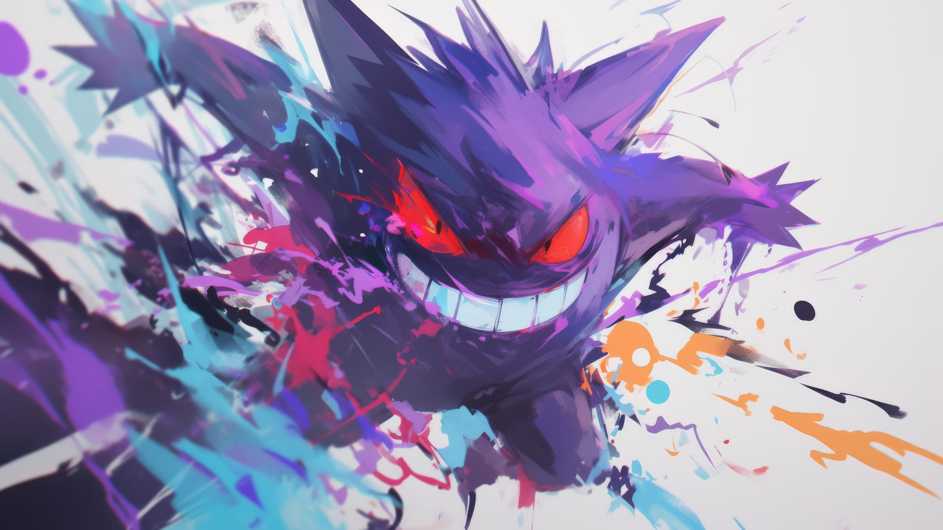 Gengar Pokemon amidst colorful paint splashes, abstract art style