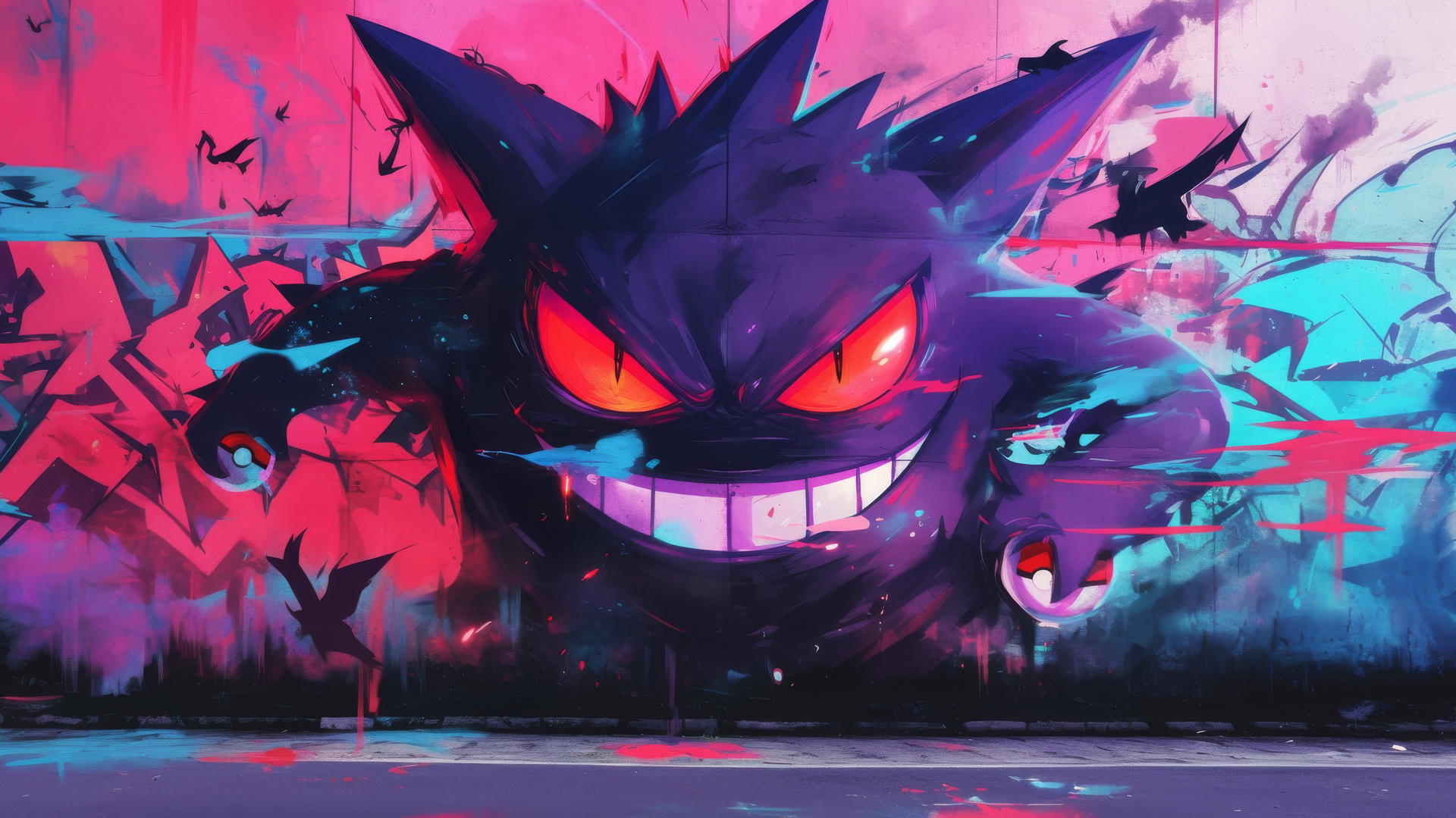 Gengar Pokemon graffiti art on concrete wall with vibrant colors