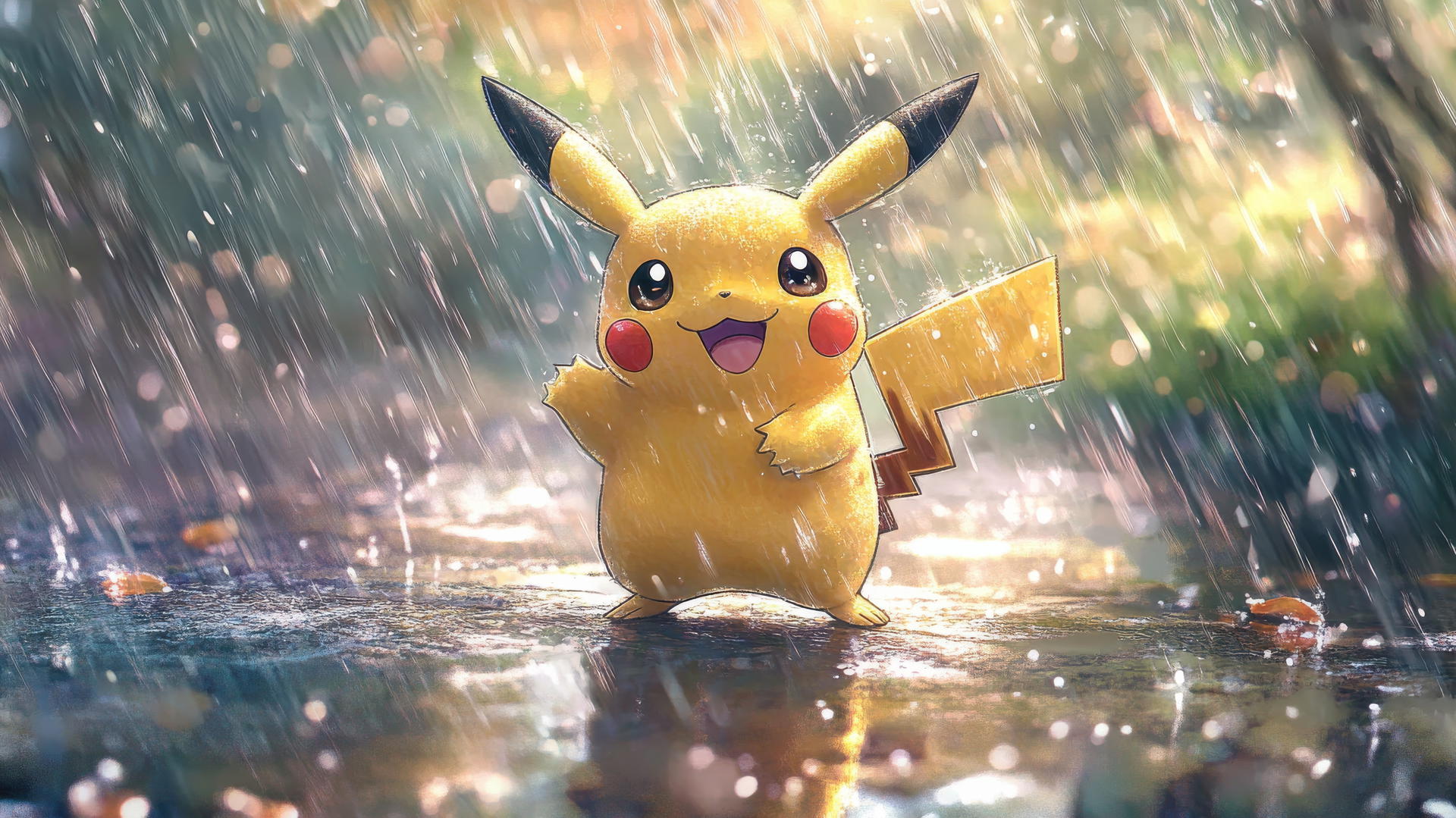 Watercolor Pikachu dancing in the rain with soft, blurred edges