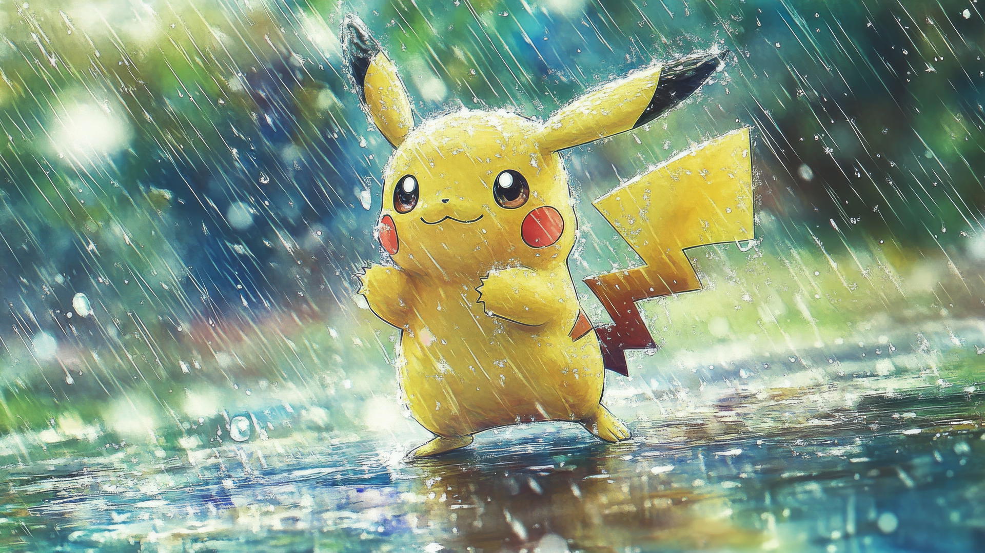 Watercolor Pikachu dancing in the rain with soft edges