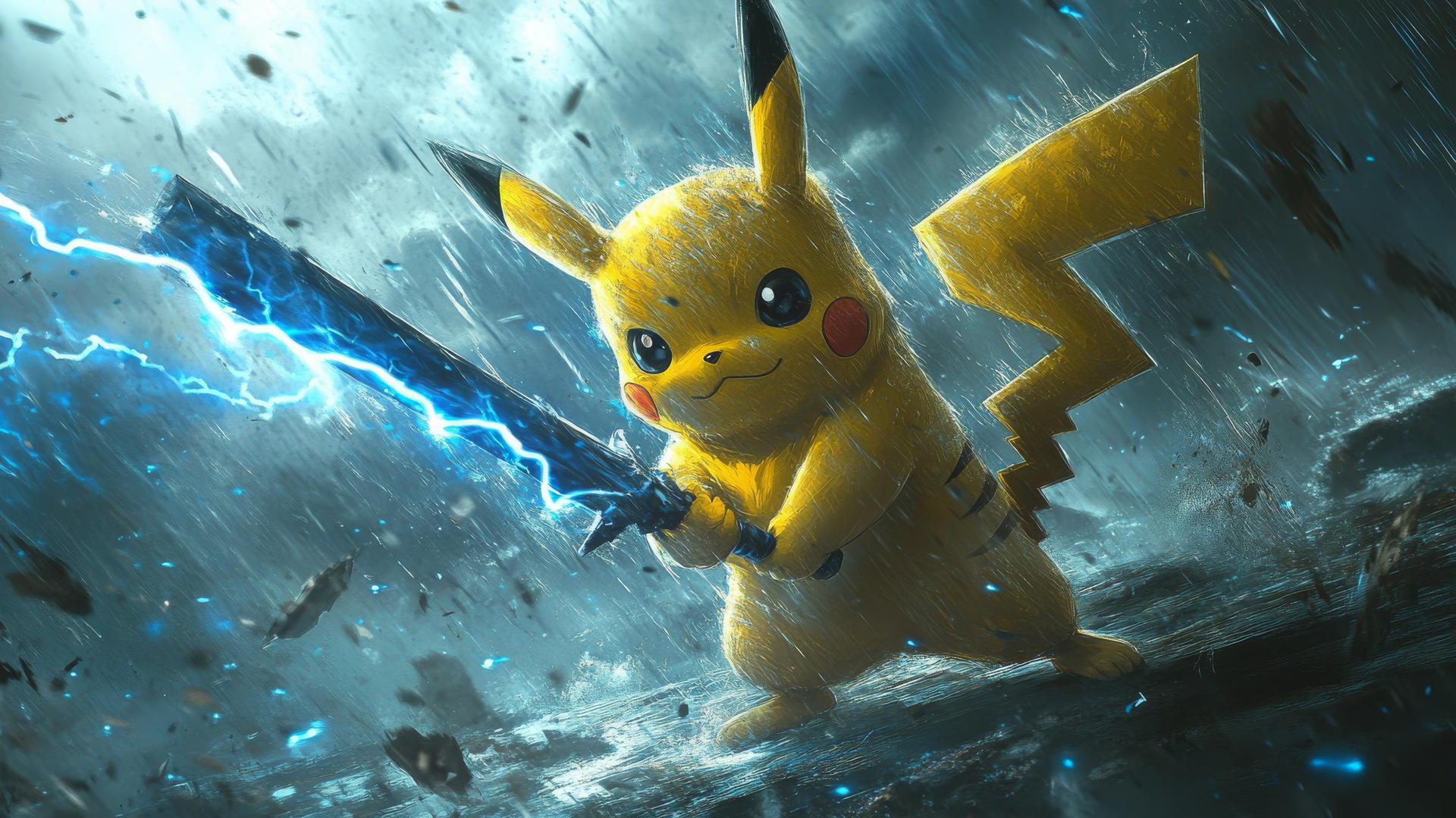Pikachu as a brave warrior holding a lightning sword