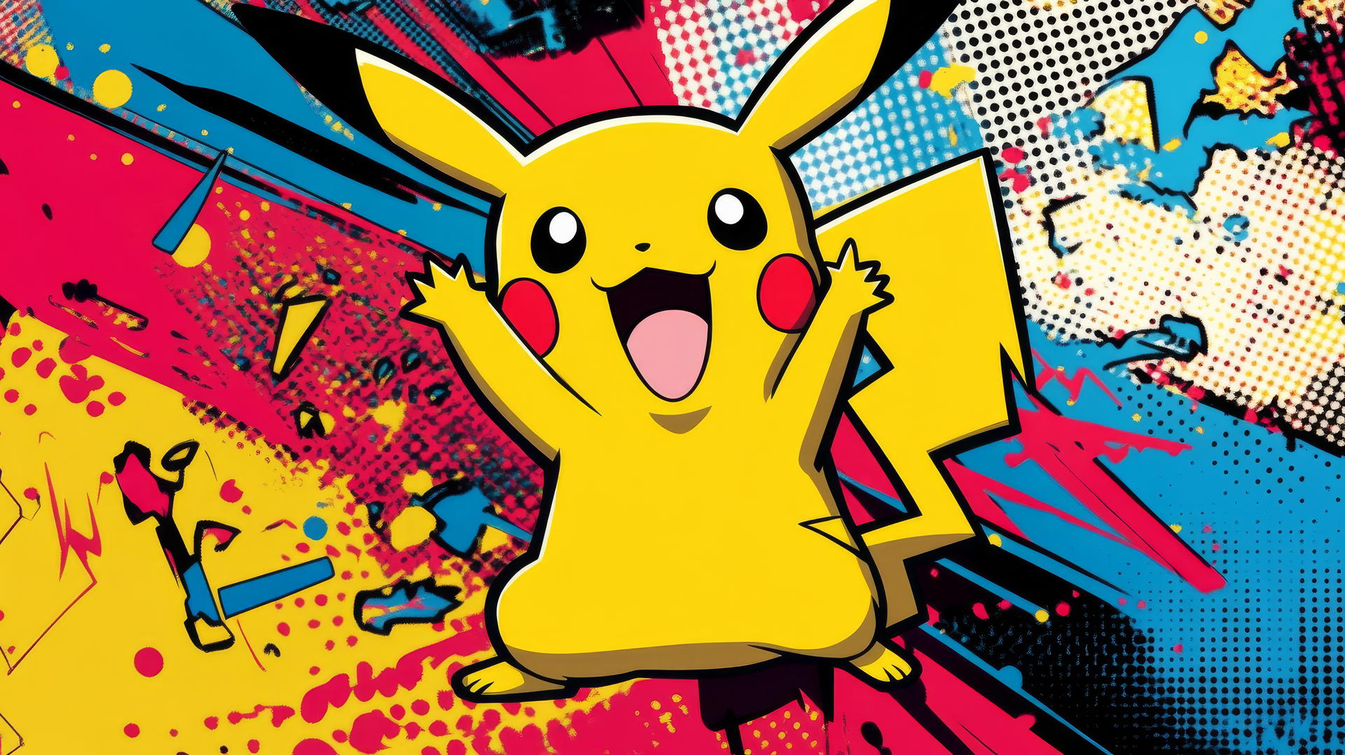 Pikachu in pop-art style with bold colors and comic text bubbles