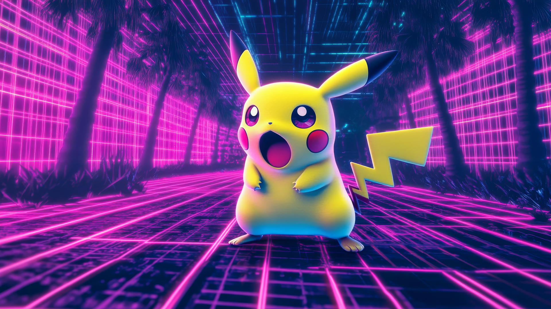 Surprised Pikachu with a retro 80s vaporwave aesthetic