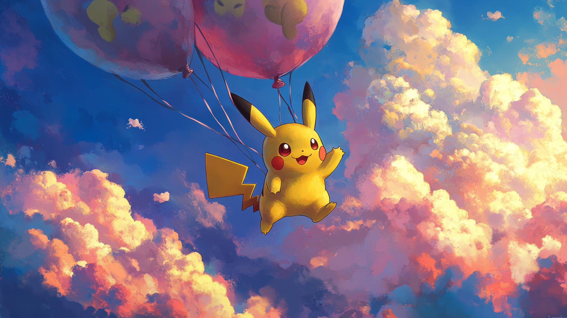 Pikachu flying with balloon wings among puffy clouds