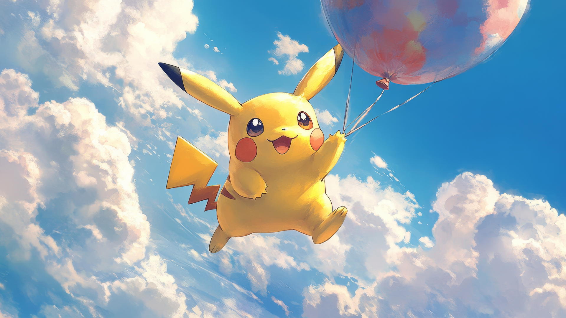 Pikachu flying with balloon wings surrounded by clouds