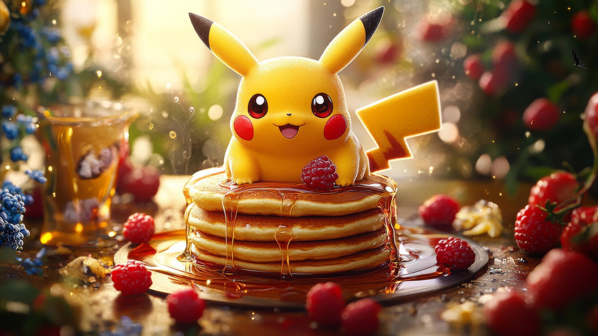 Fat Pikachu sitting on pancakes with syrup and berries, cartoonish style