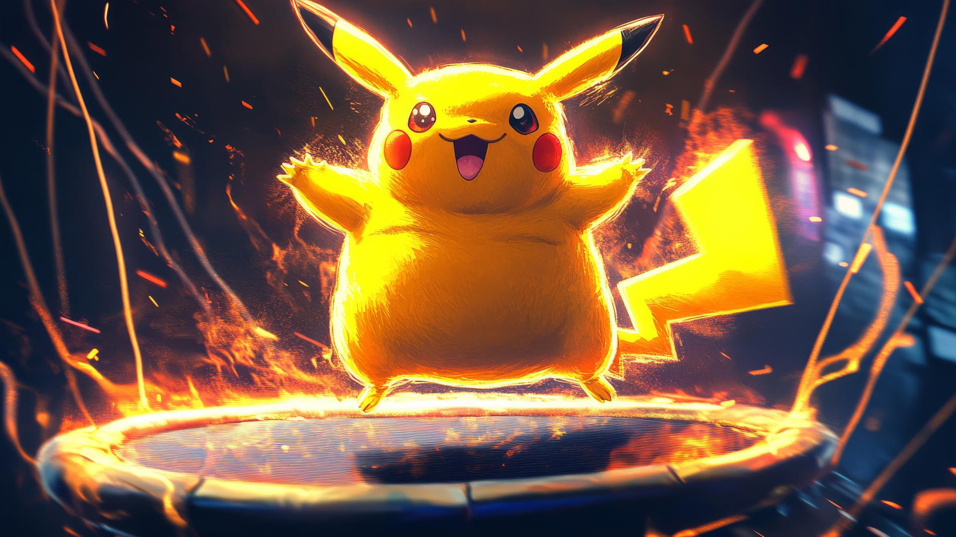 Fat Pikachu bouncing on a trampoline with exaggerated belly, dynamic and playful
