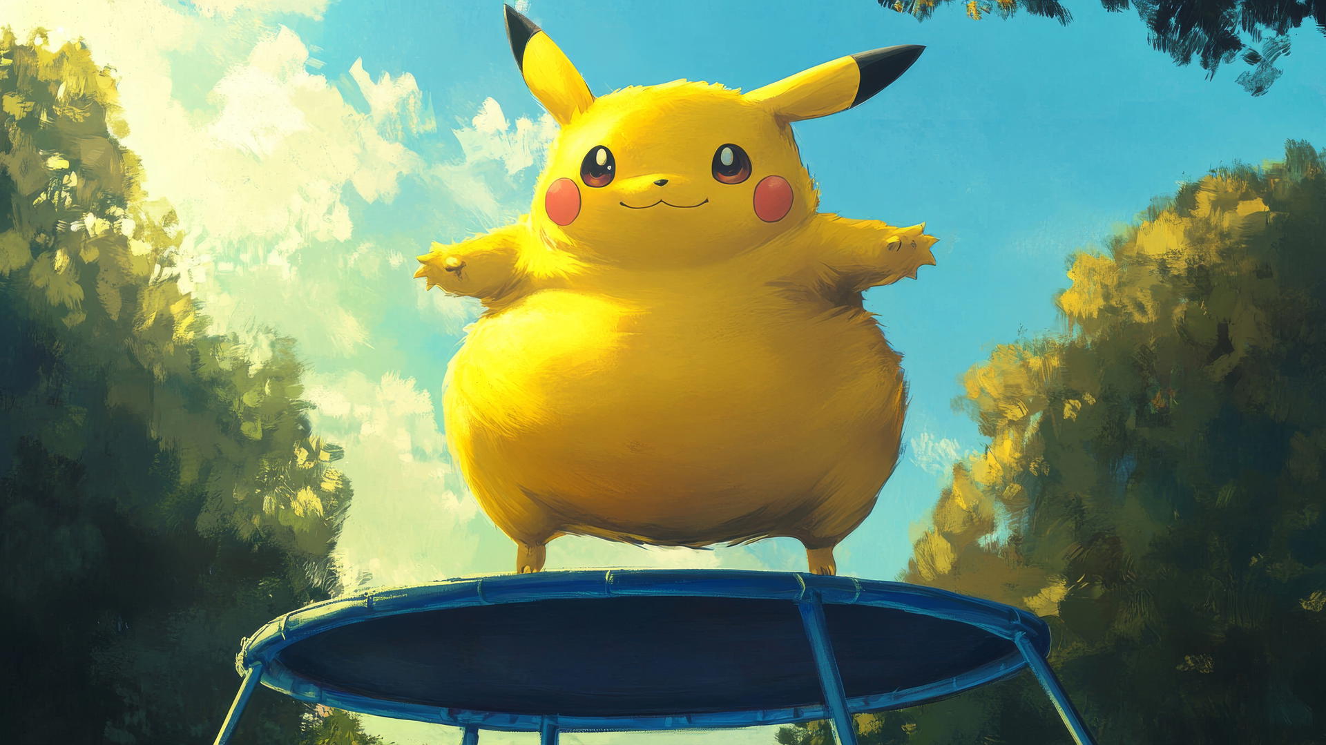 Fat Pikachu bouncing on a trampoline with a huge belly in dynamic, fun colors