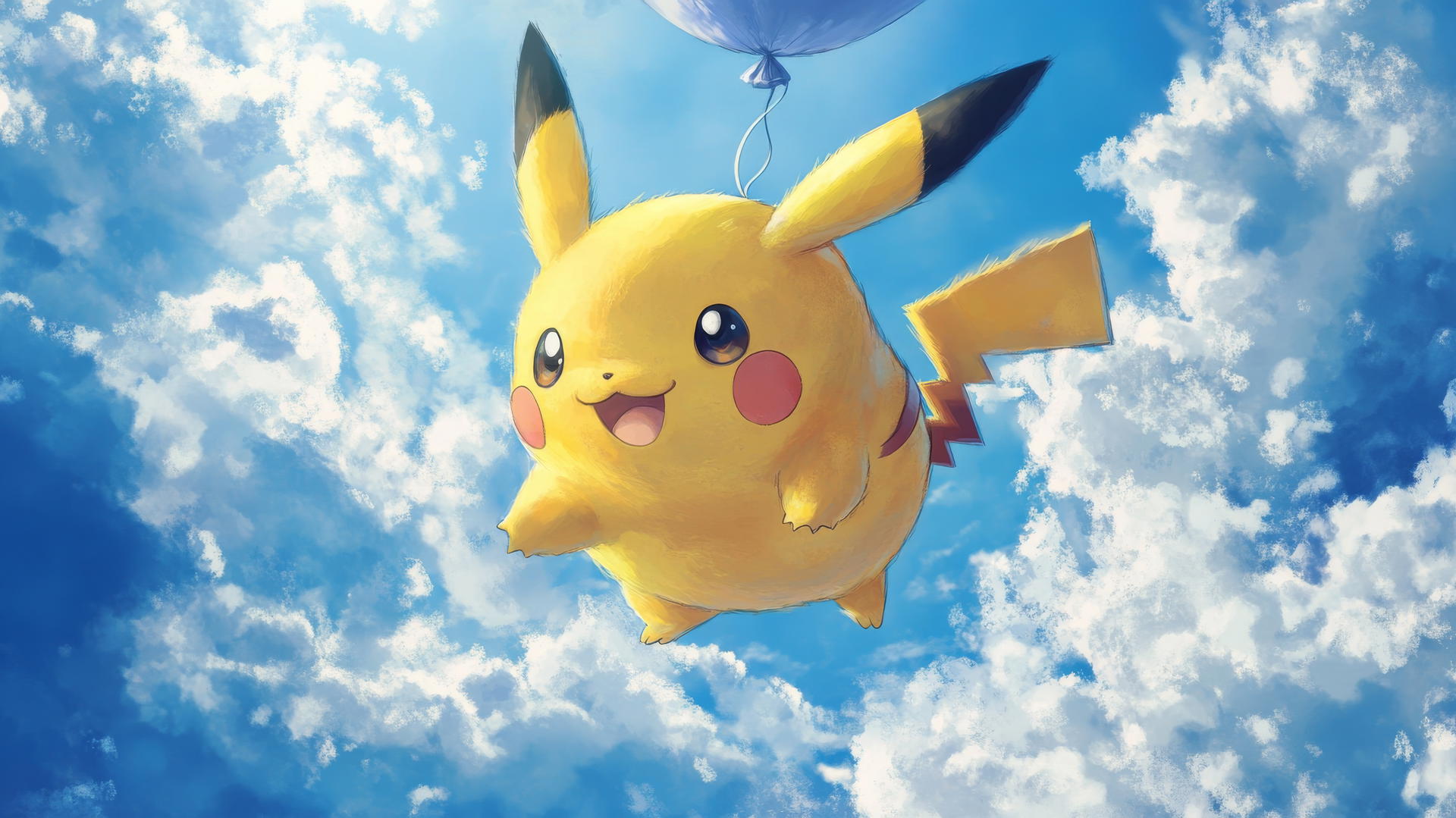 Fat Pikachu as a balloon floating in a bright blue sky with fluffy clouds