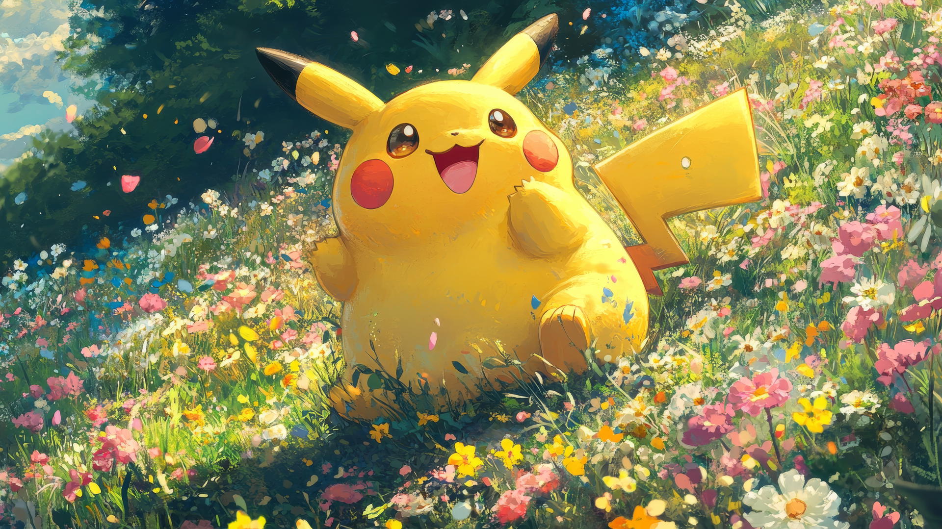 Fat Pikachu rolling down a hill covered in flowers