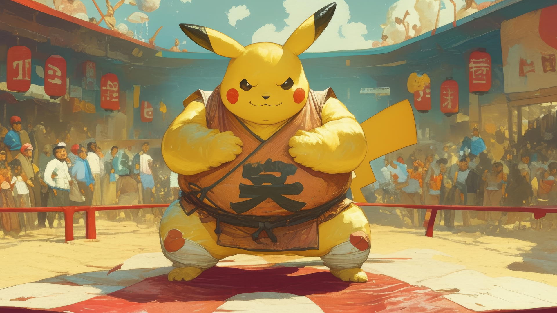 Fat Pikachu dressed as a sumo wrestler in a sumo ring