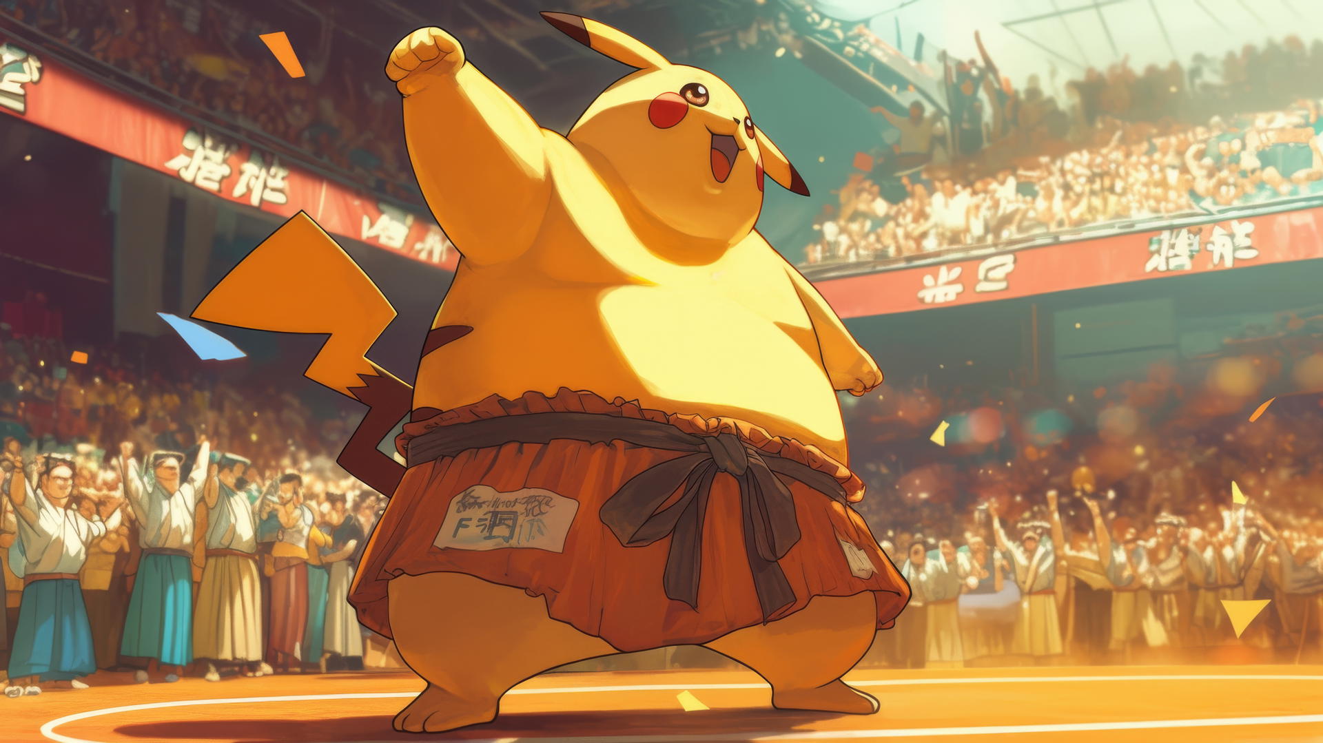 Fat Pikachu dressed in a sumo wrestler outfit in a sumo ring