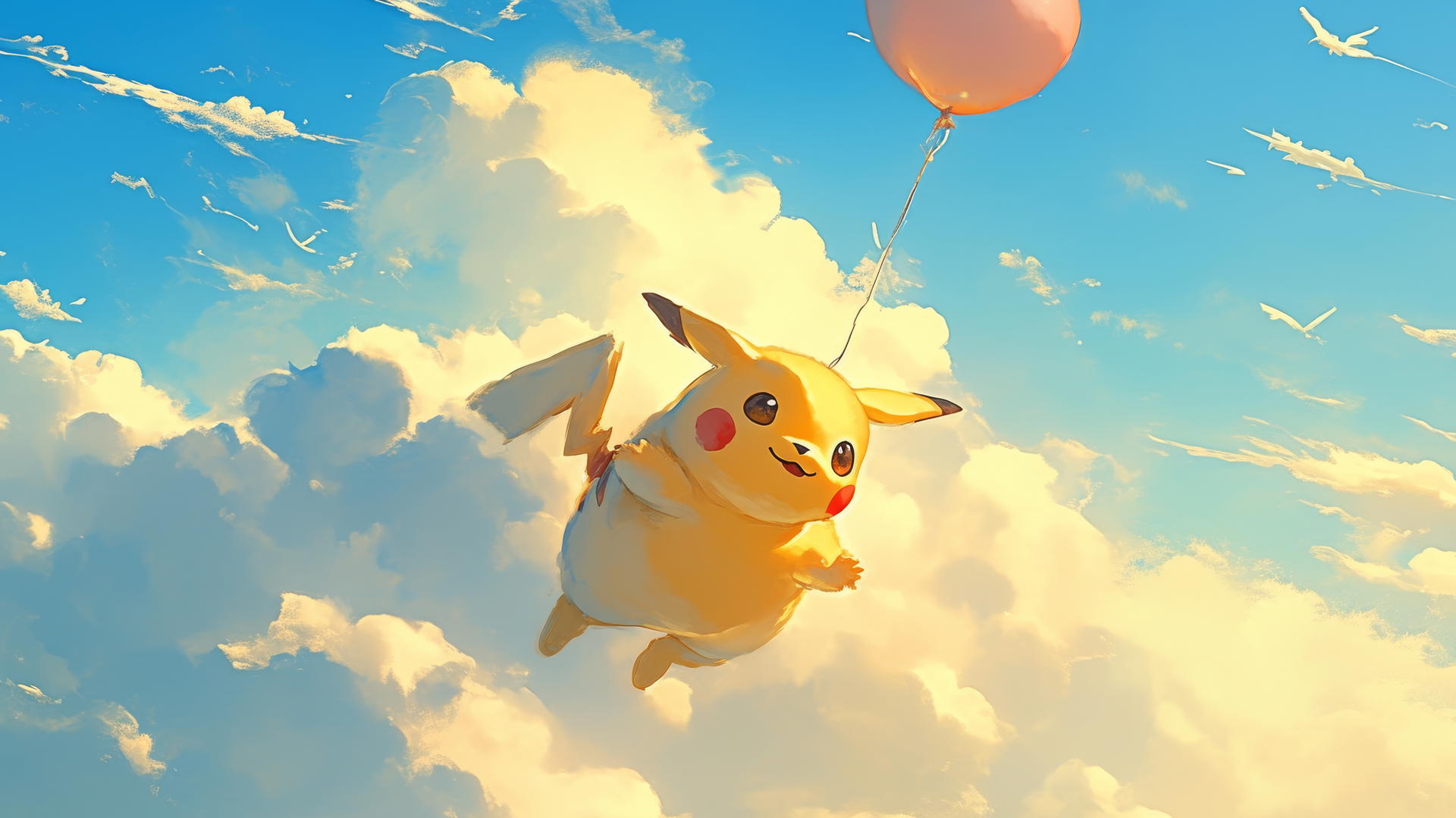 Fat Pikachu balloon floating in a bright blue sky with fluffy clouds