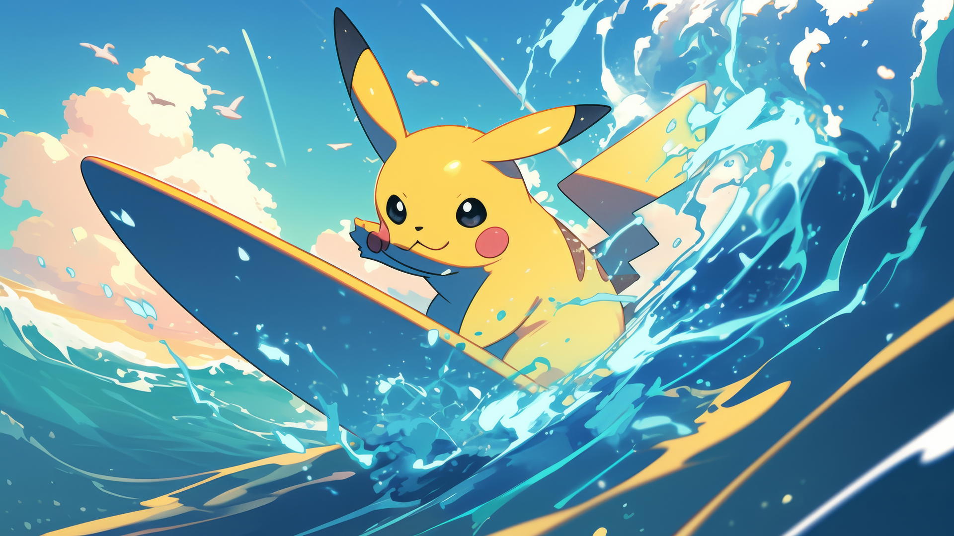 Surfing Pikachu riding a wave of electricity with glowing sparks