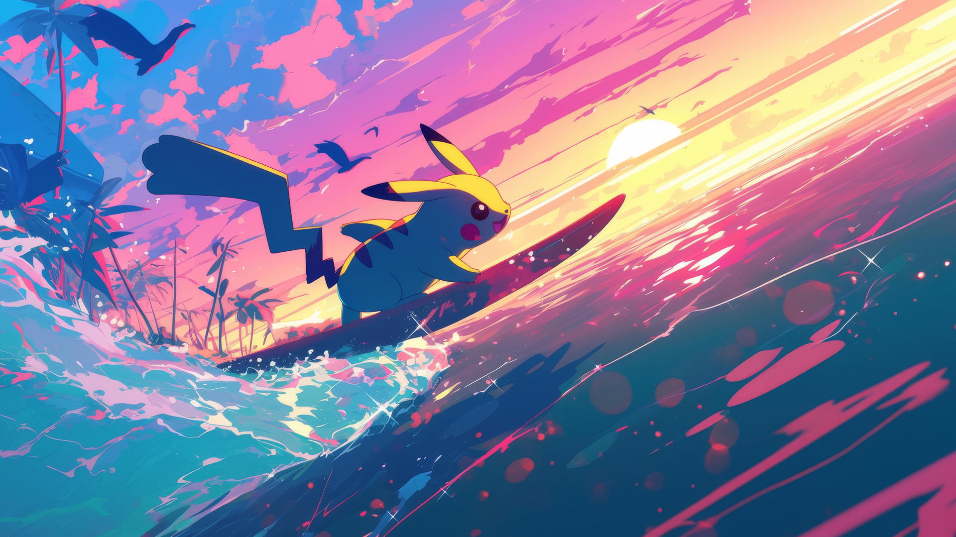 Surfing Pikachu on neon surfboard, electric waves, glowing sunset