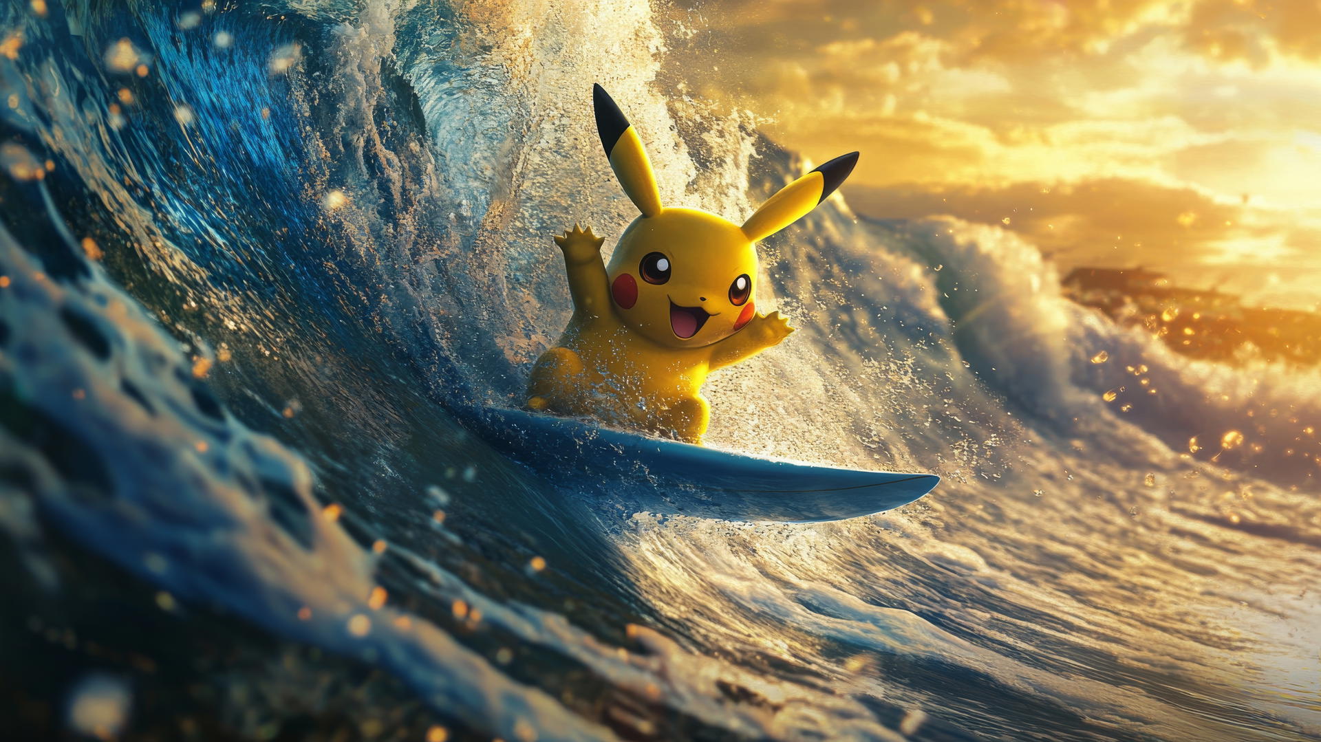 Pikachu surfing a massive wave with water splashing around