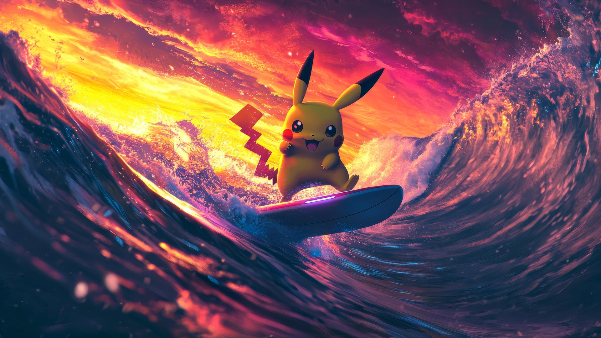 Pikachu surfing on neon surfboard, riding electric waves at sunset
