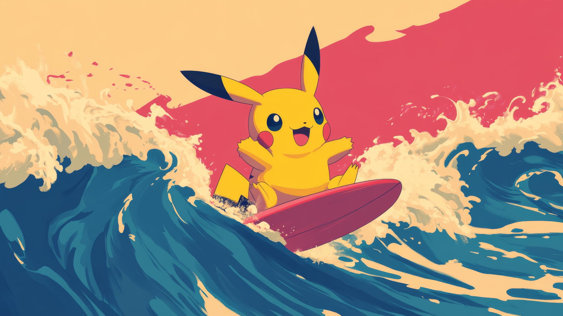 Pikachu surfing a wave in minimalist art style