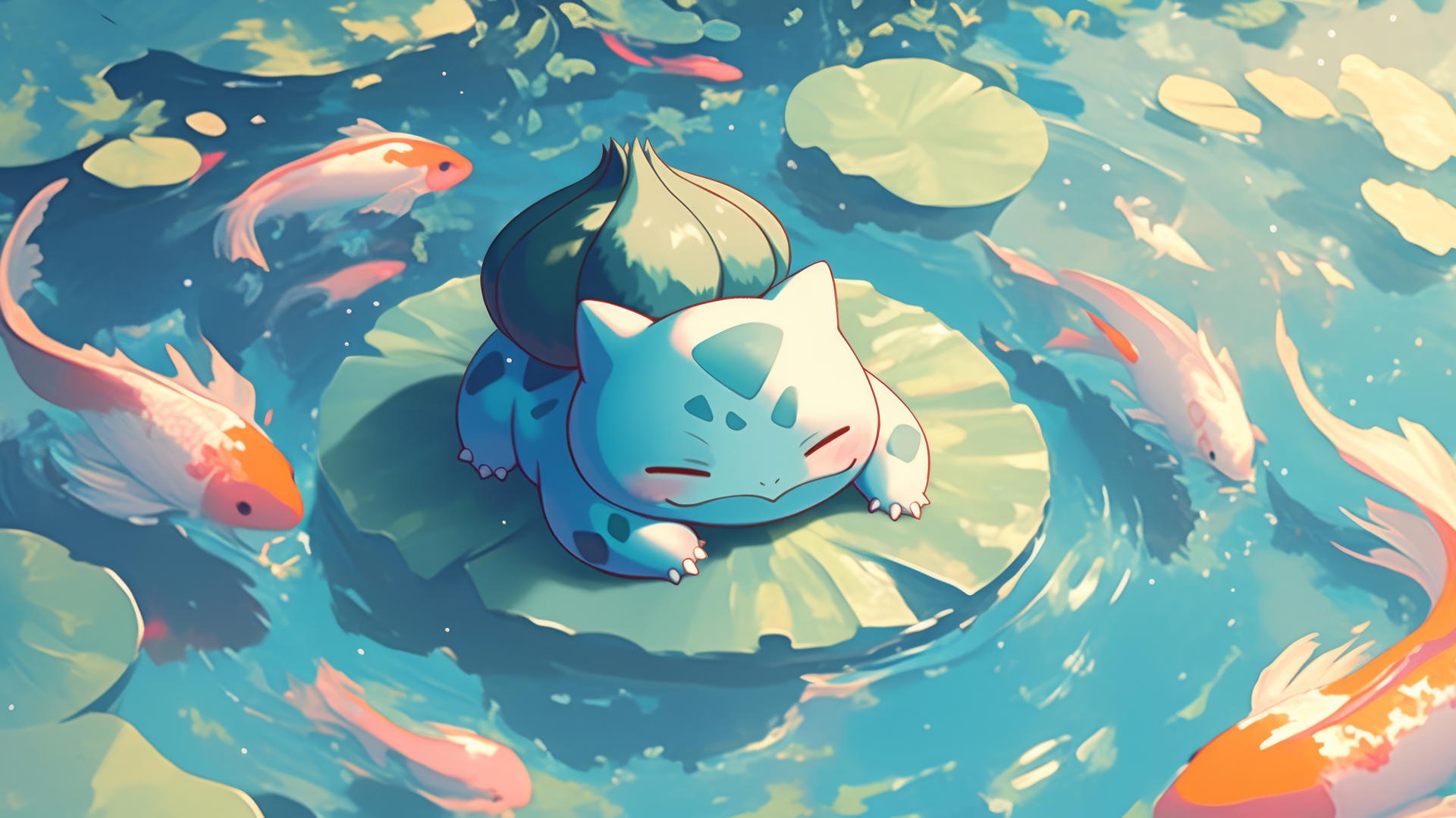 Pokemon Bulbasaur relaxing on a lily pad in a tranquil pond with koi fish swimming around