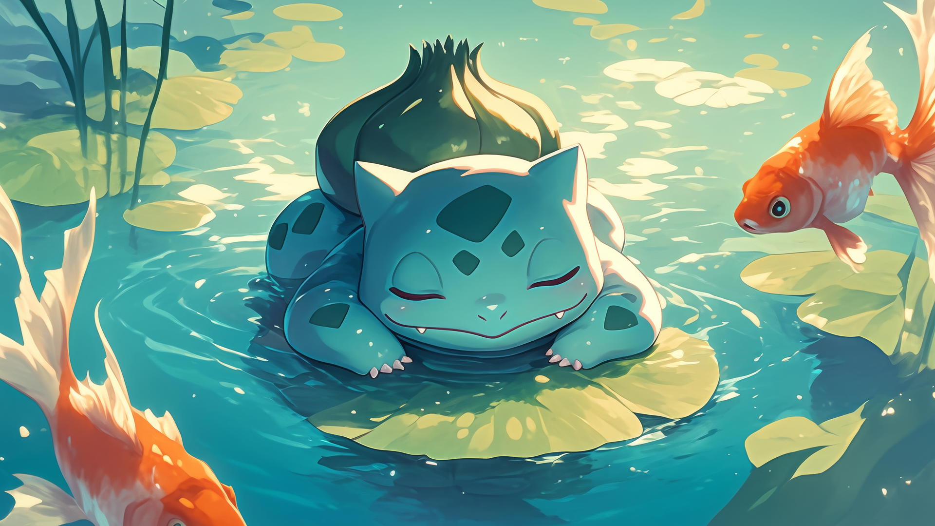 Bulbasaur relaxing on a lily pad with koi fish in a tranquil pond