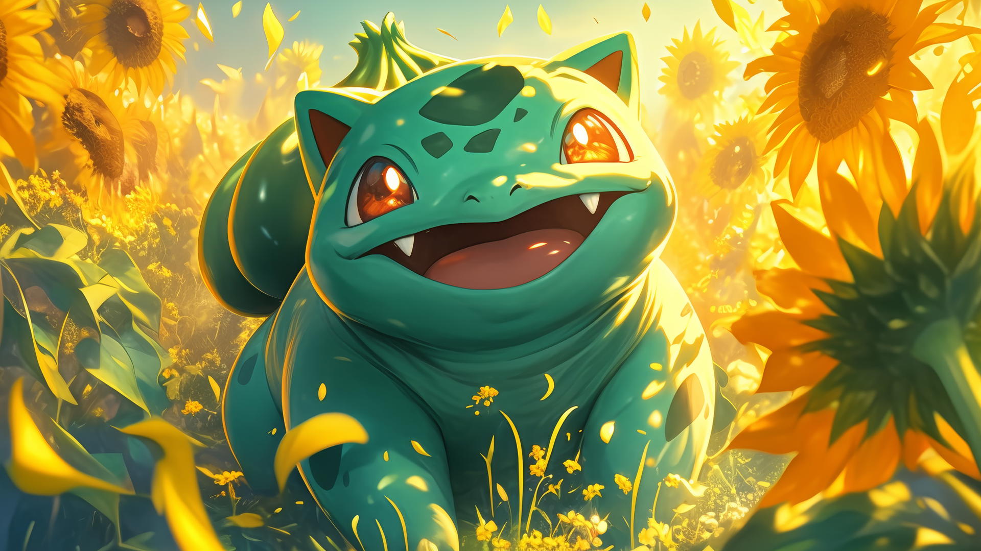 Pokemon Bulbasaur in a vibrant sunflower field at sunrise with golden rays.