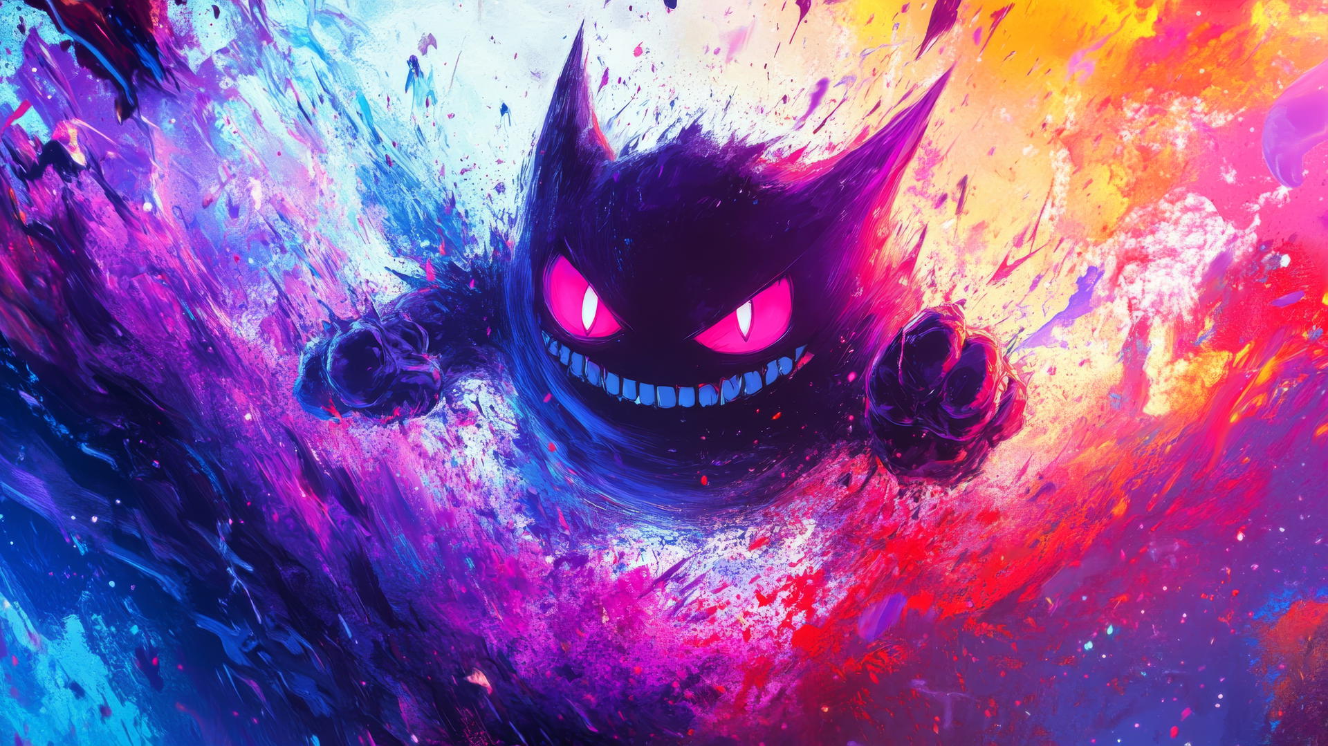 Gengar surrounded by colorful paint splashes, abstract art style