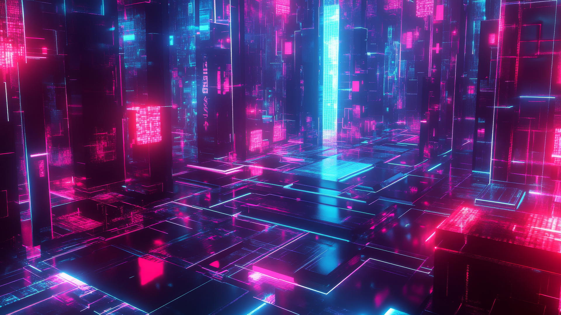 cool wallpapers 4k, futuristic digital world with neon grids, floating holograms