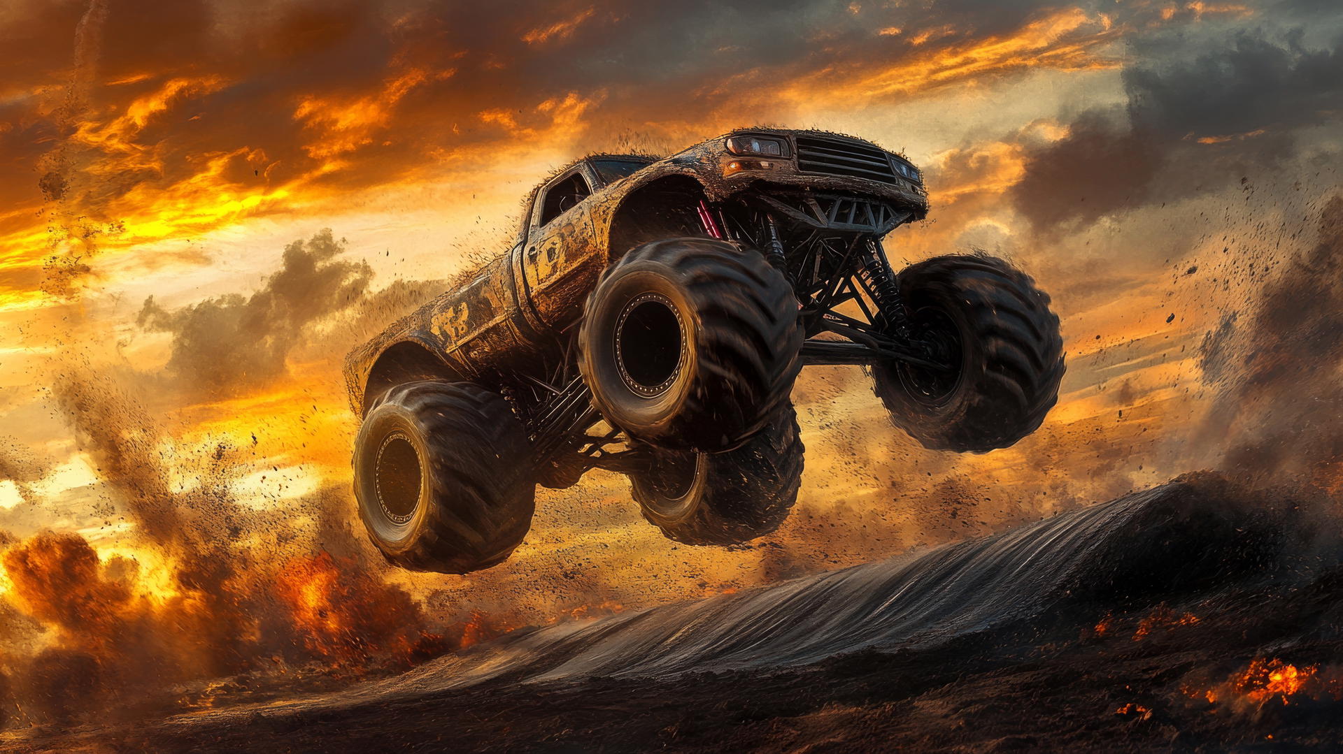 A roaring monster truck kicking up dirt as it flies over a ramp with dramatic dust clouds, cool wallpapers for boys