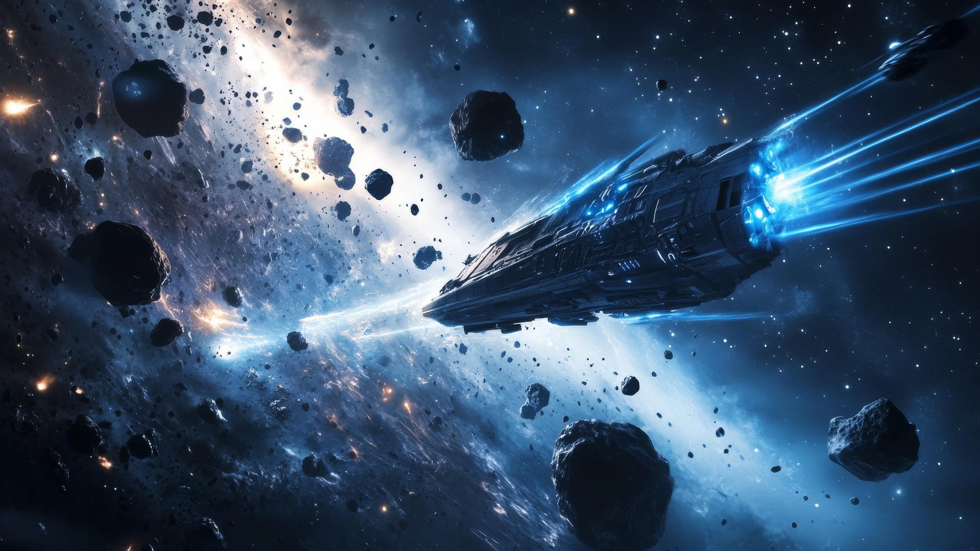 cool wallpapers for boys, spaceship blasting through asteroids in space with energy trails