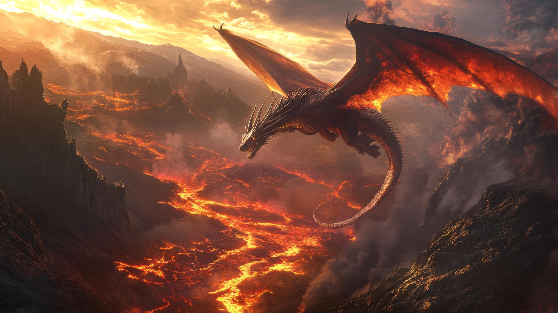 A powerful dragon soaring above a volcanic landscape with lava rivers flowing beneath, cool wallpapers for boys