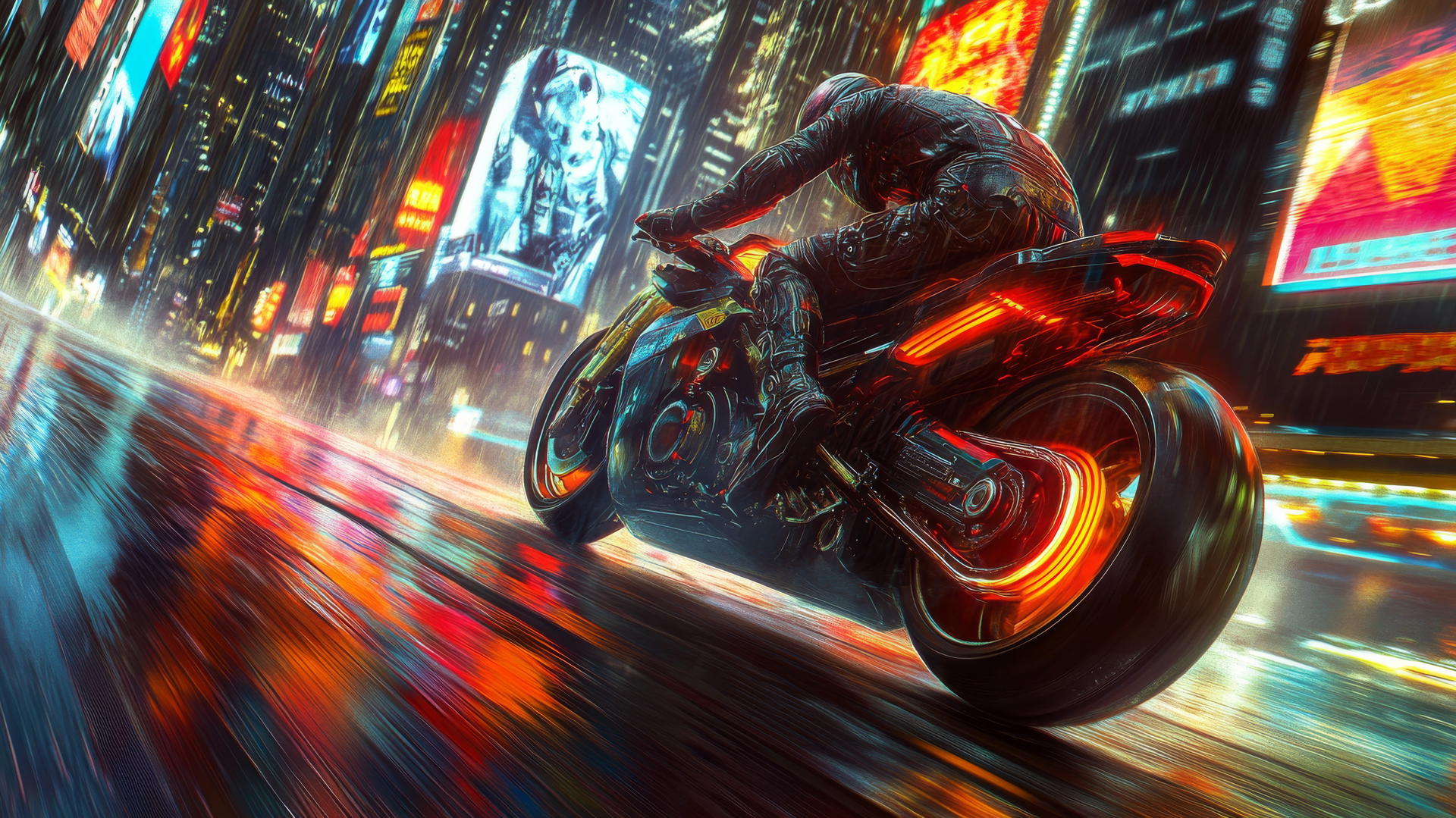 Futuristic motorcycle racing through a high-tech city with holographic billboards and glowing streetlights, cool wallpapers for boys.