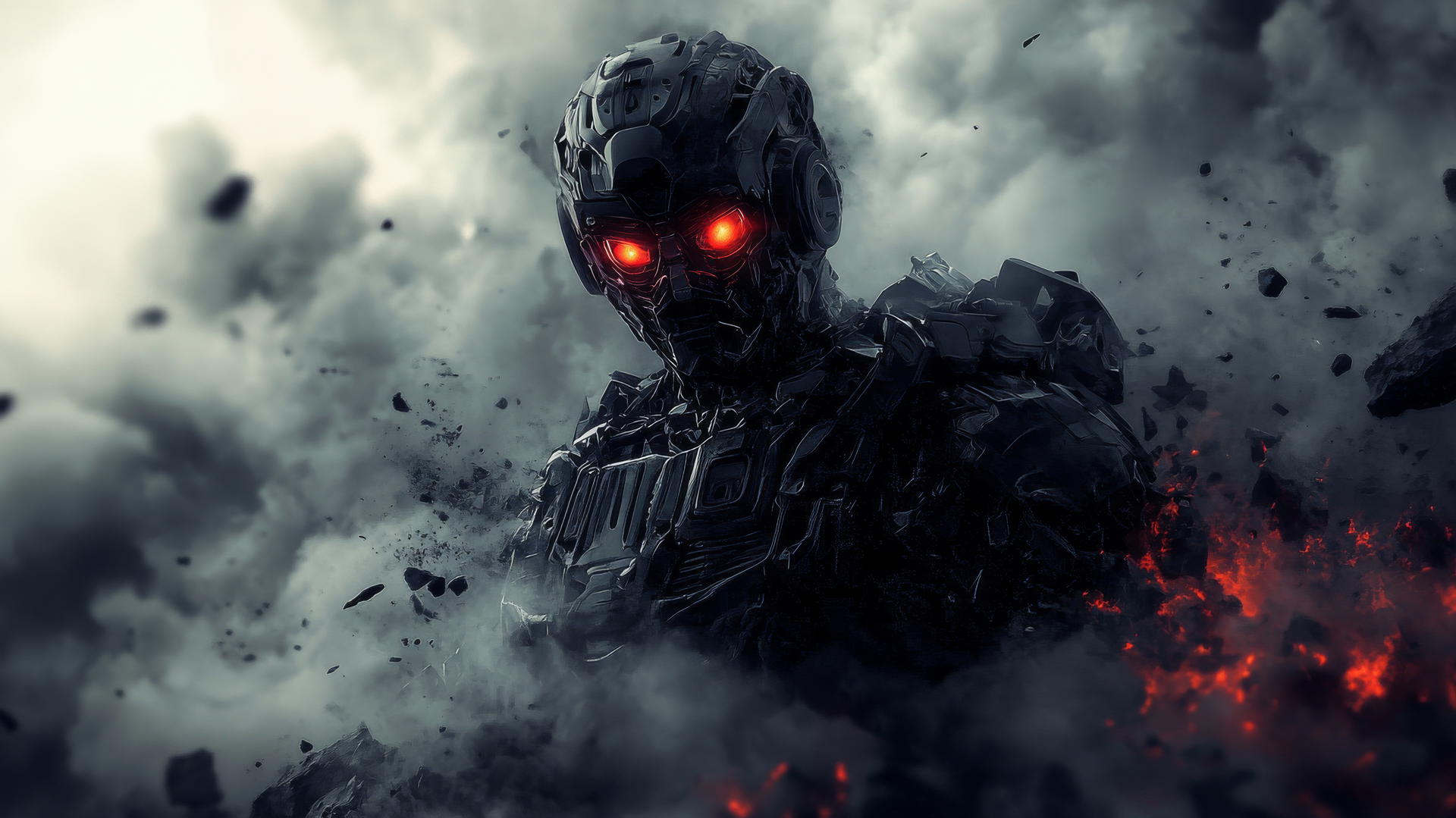 robot warrior with glowing eyes in a futuristic battlefield, cool wallpapers for boys