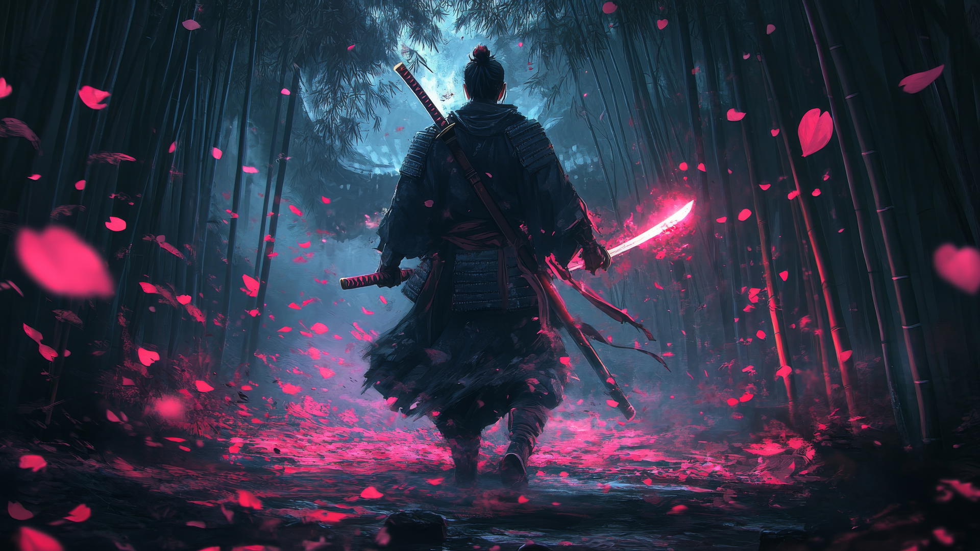 A fierce samurai warrior in a bamboo forest holding a glowing katana with cherry blossoms falling around him. Cool wallpapers for boys.