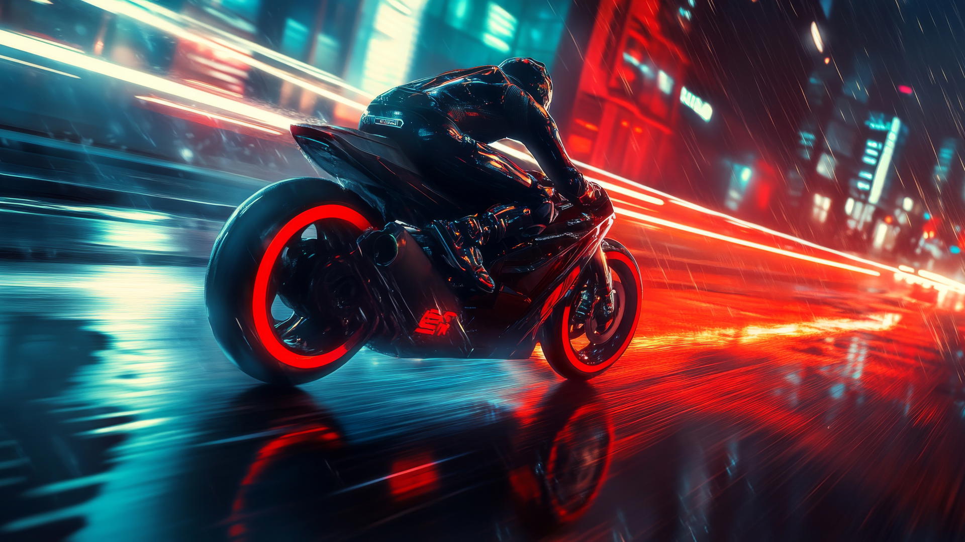 Dynamic racing scene with motorcycles speeding through neon-lit city streets at night, cool wallpapers for boys