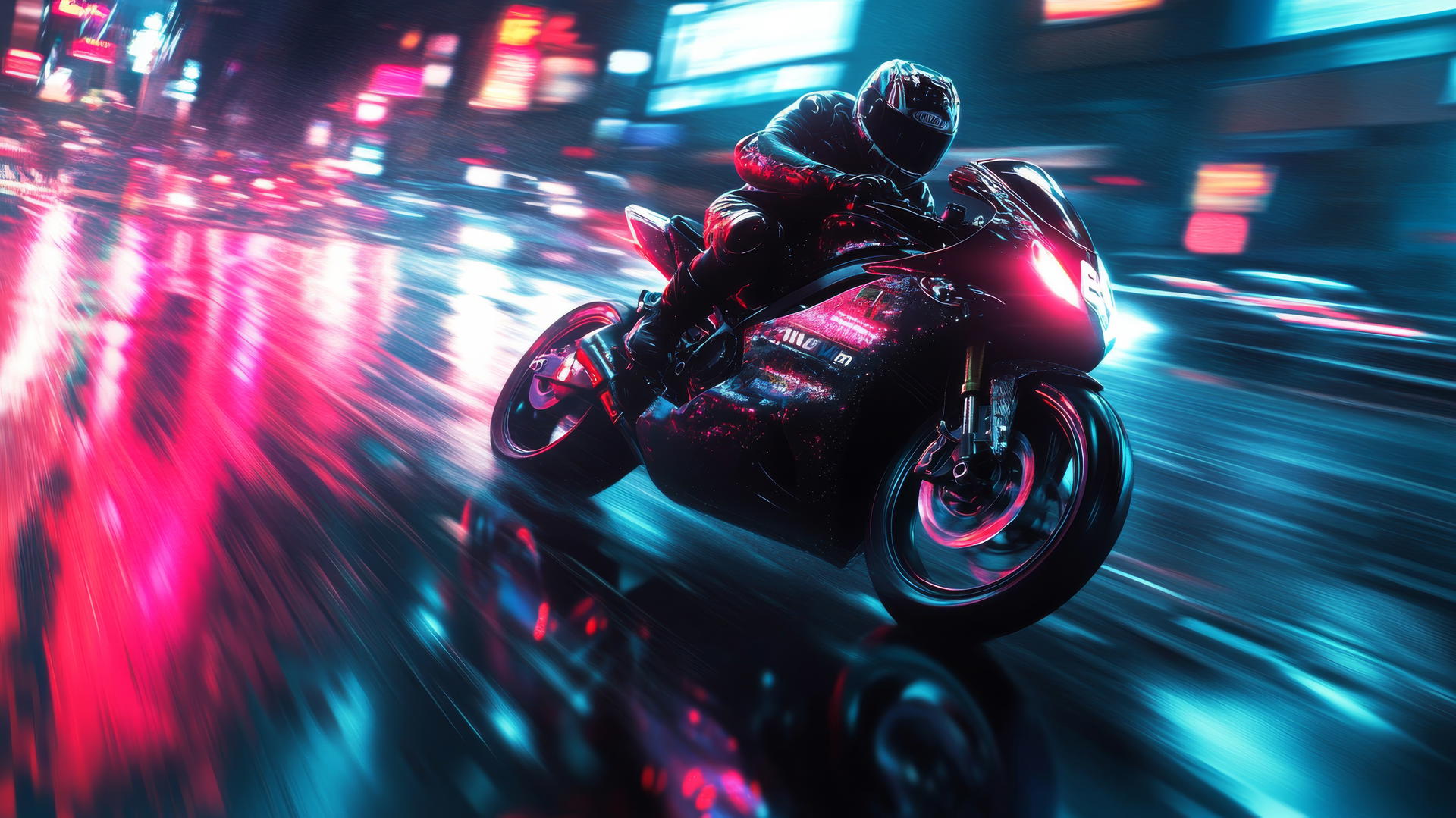 cool wallpapers for boys, motorcycles racing through neon-lit city streets at night