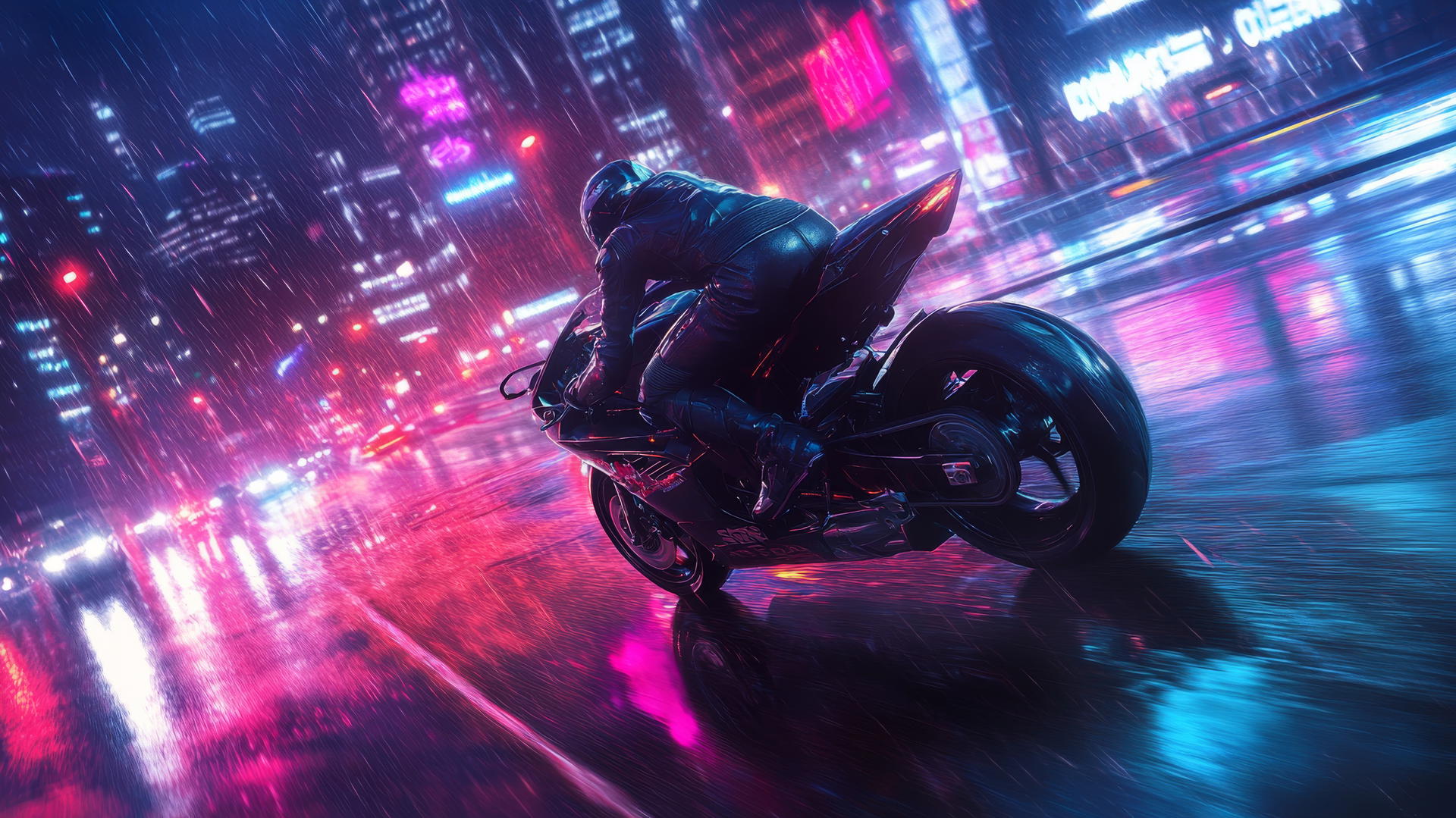 cool wallpapers for boys featuring motorcycles racing through neon-lit city streets at night