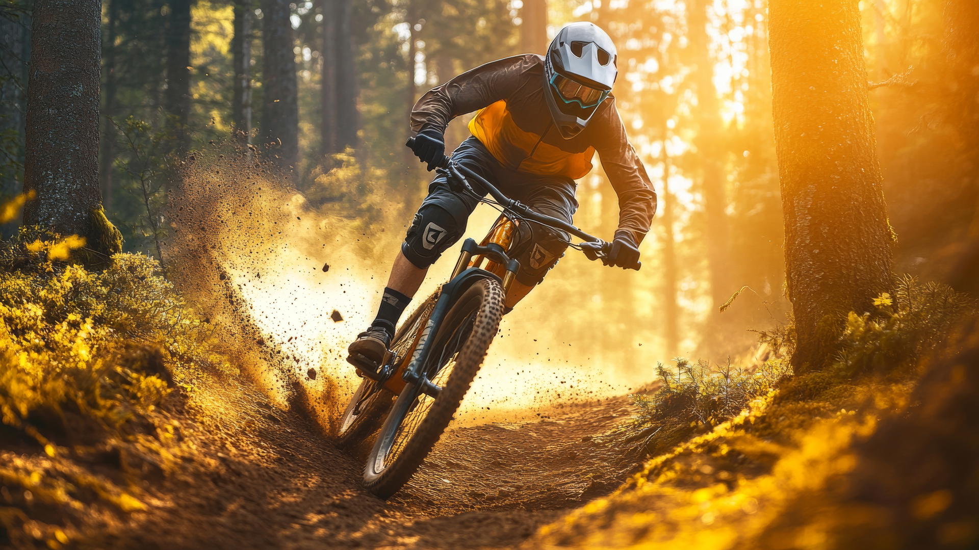 cool wallpapers for boys featuring a rugged mountain biker speeding down a forest trail
