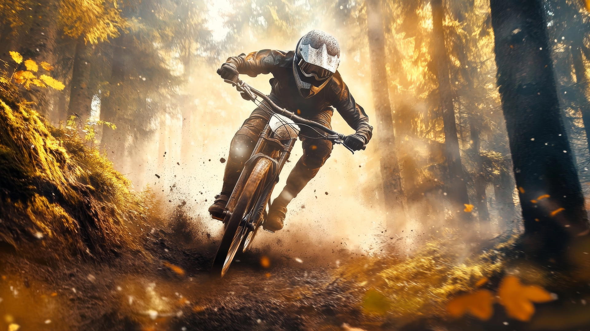 cool wallpapers for boys: rugged mountain biker speeding down a forest trail