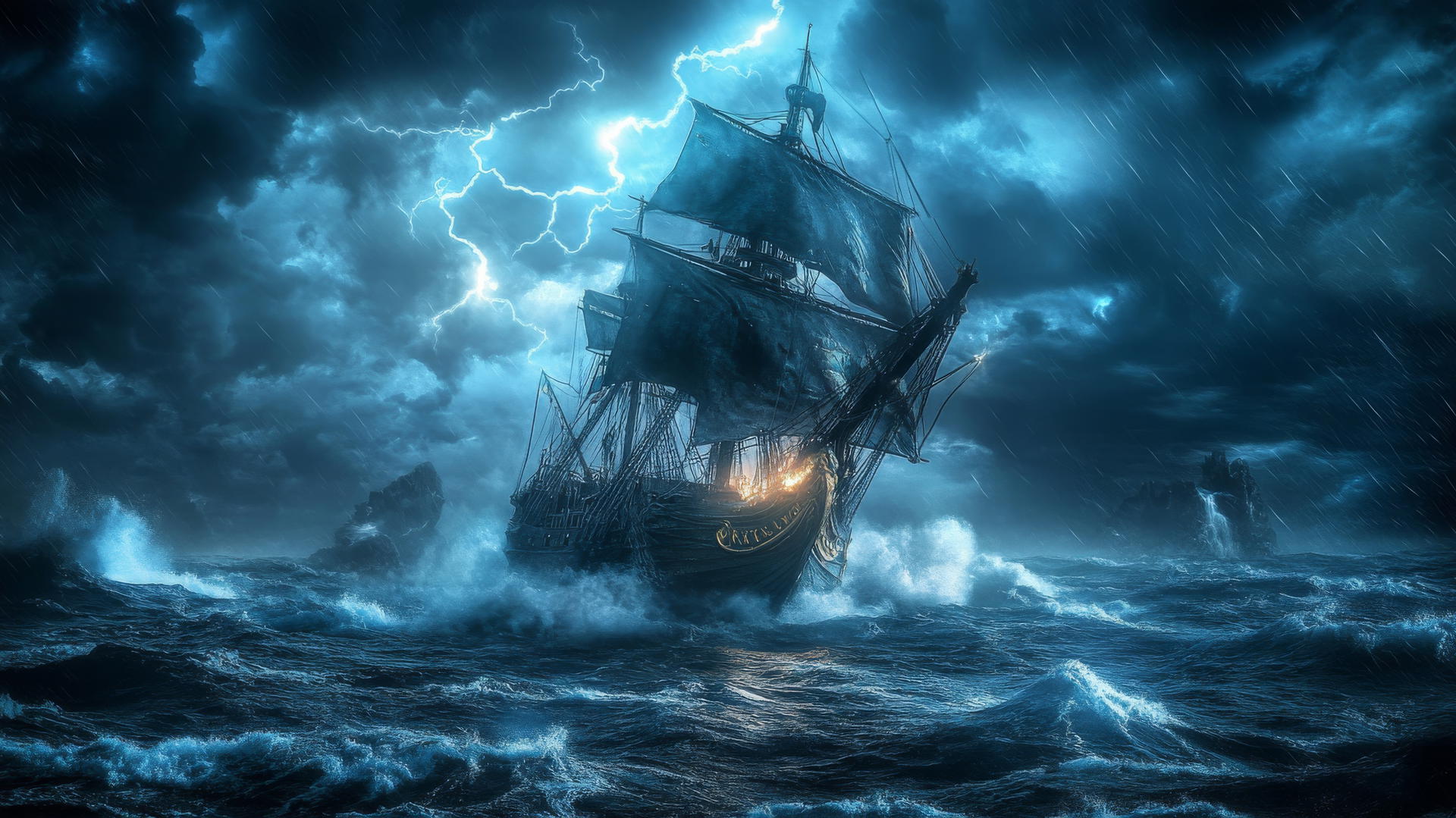 Cool wallpapers for boys: pirate ship sailing in stormy seas with lightning