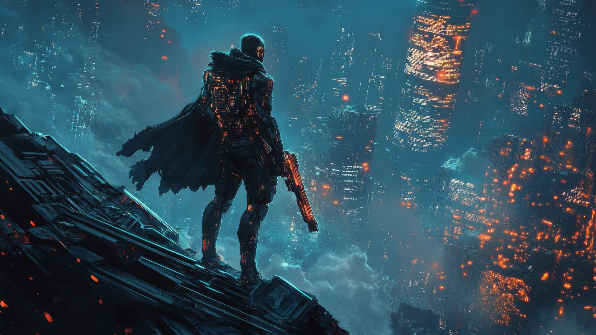 A cybernetic warrior holding a futuristic weapon amidst post-apocalyptic ruins, cool wallpapers for boys