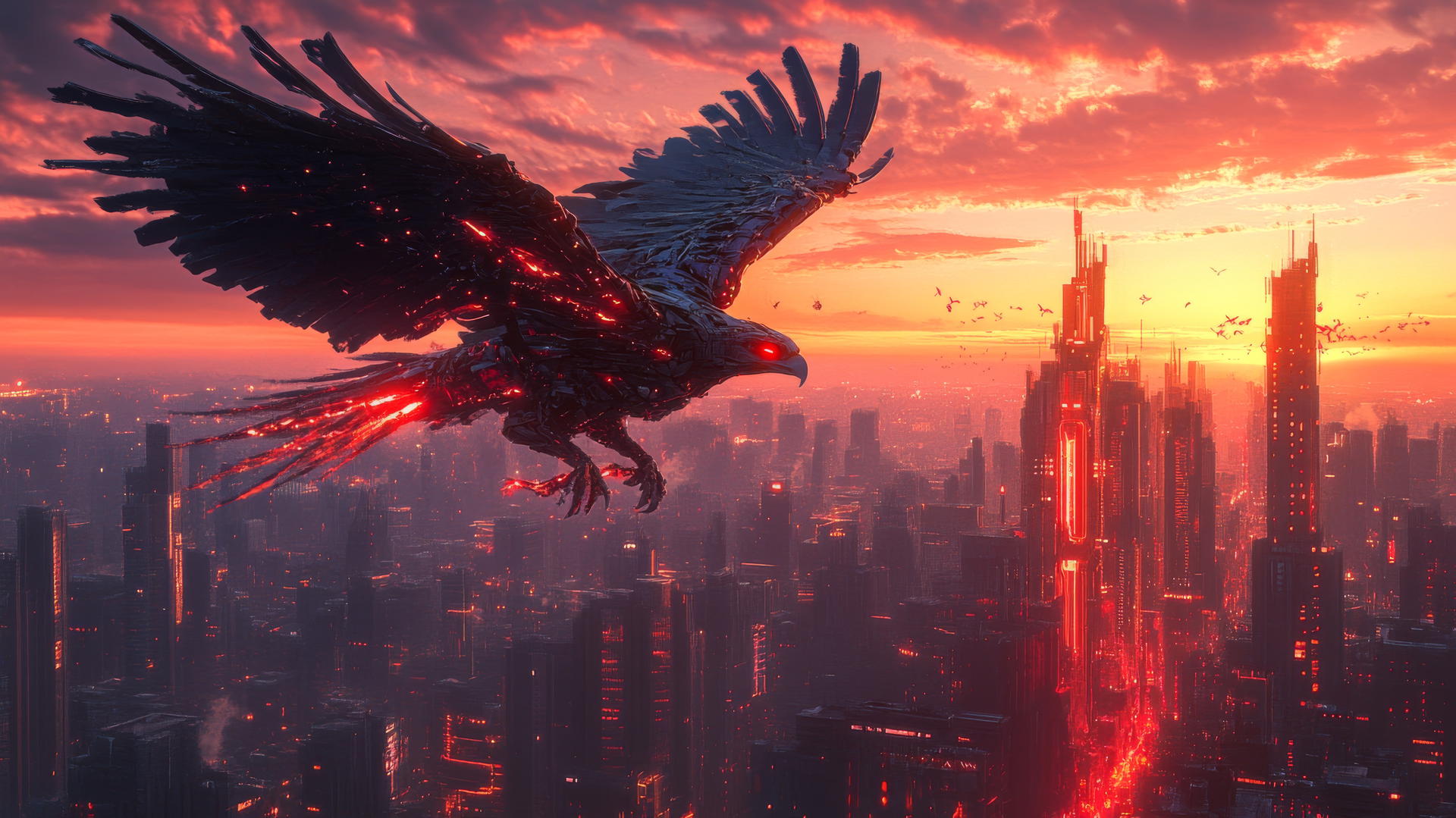 cool wallpapers for boys: robotic eagle soaring over futuristic city at dawn