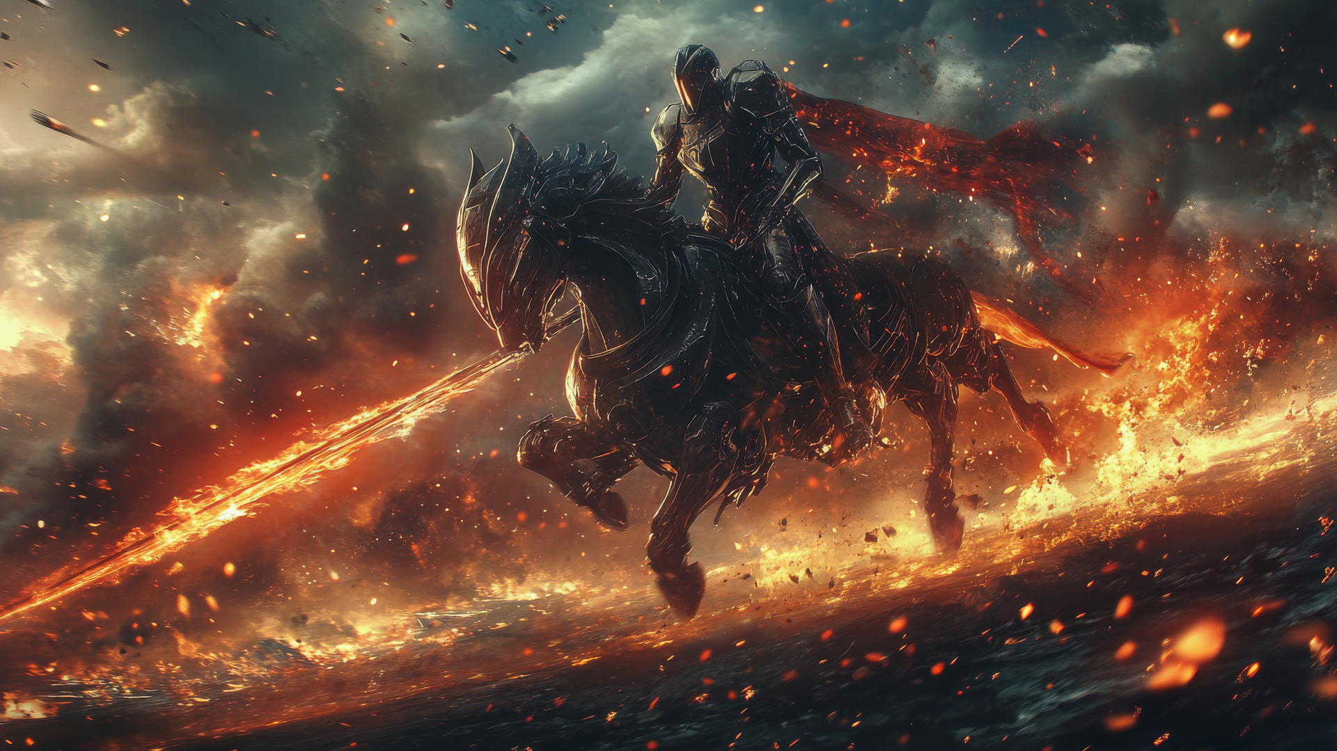 Futuristic knight on hover-steed with glowing weapons and energy shield in high-tech battlefield.