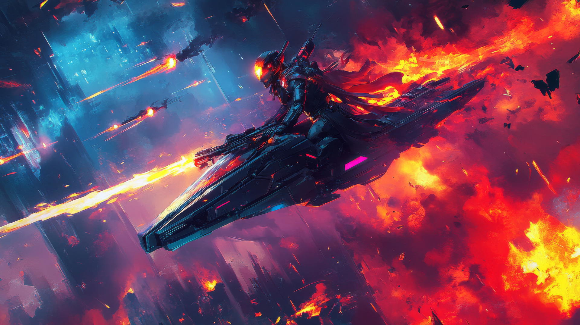 Futuristic knight on hover-steed with glowing weapons and energy shield in high-tech battlefield