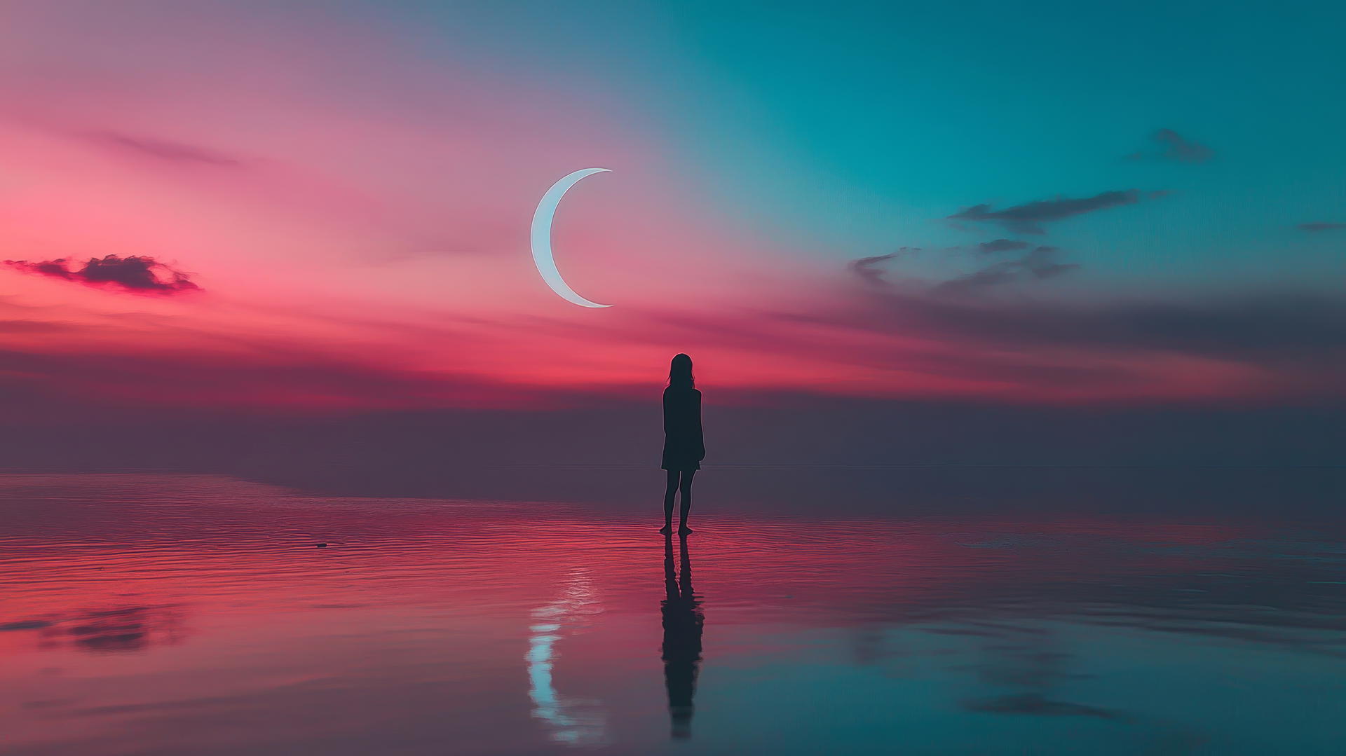 Glowing outline of a girl on a beach, crescent moon reflected in water, pink and blue sky.